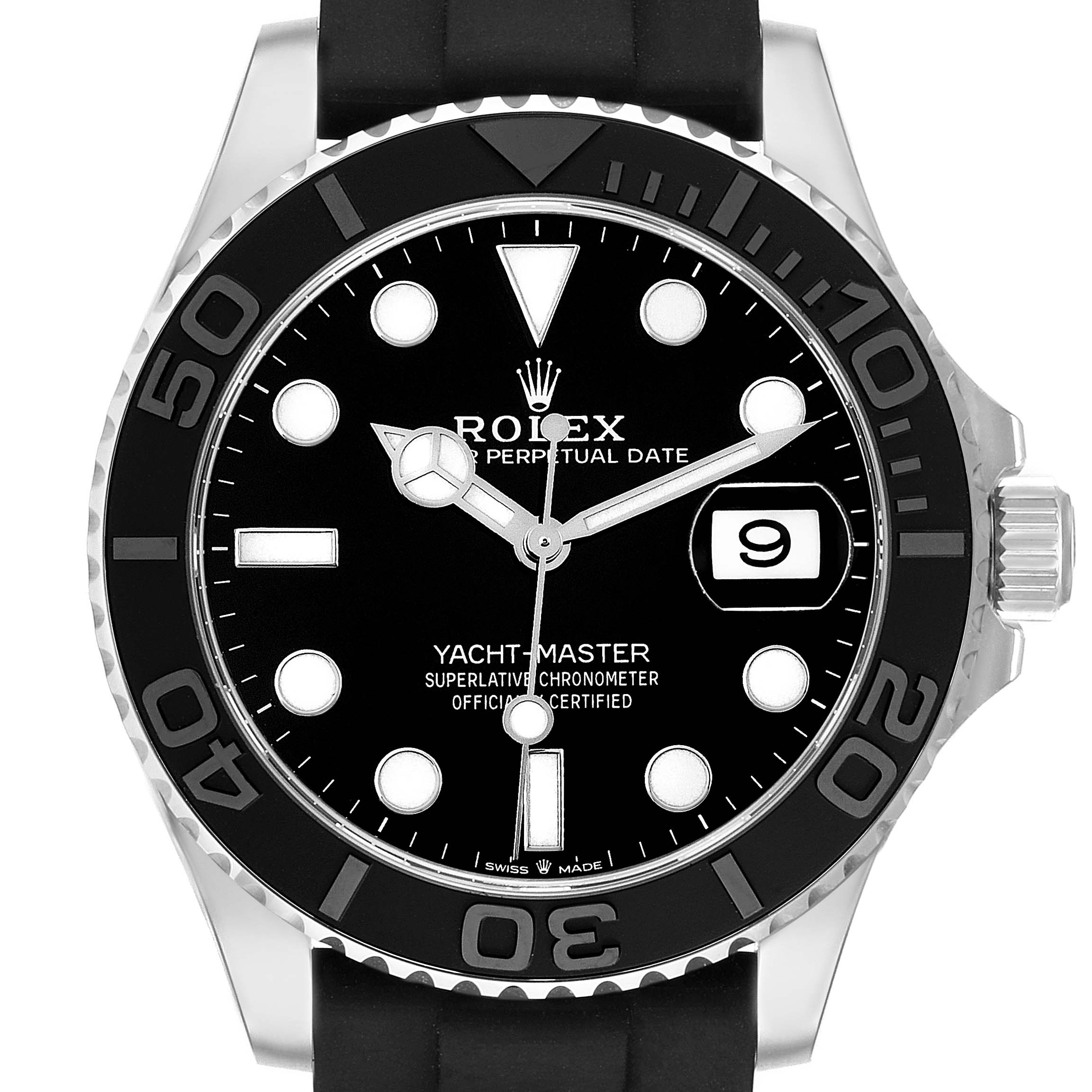 The Rolex Yacht-Master 226659 Men
s White Gold Black Dial 226659 Men
s White Gold Black Dial watch is shown from a front angle, highlighting its black dial, bezel, and rubber strap.