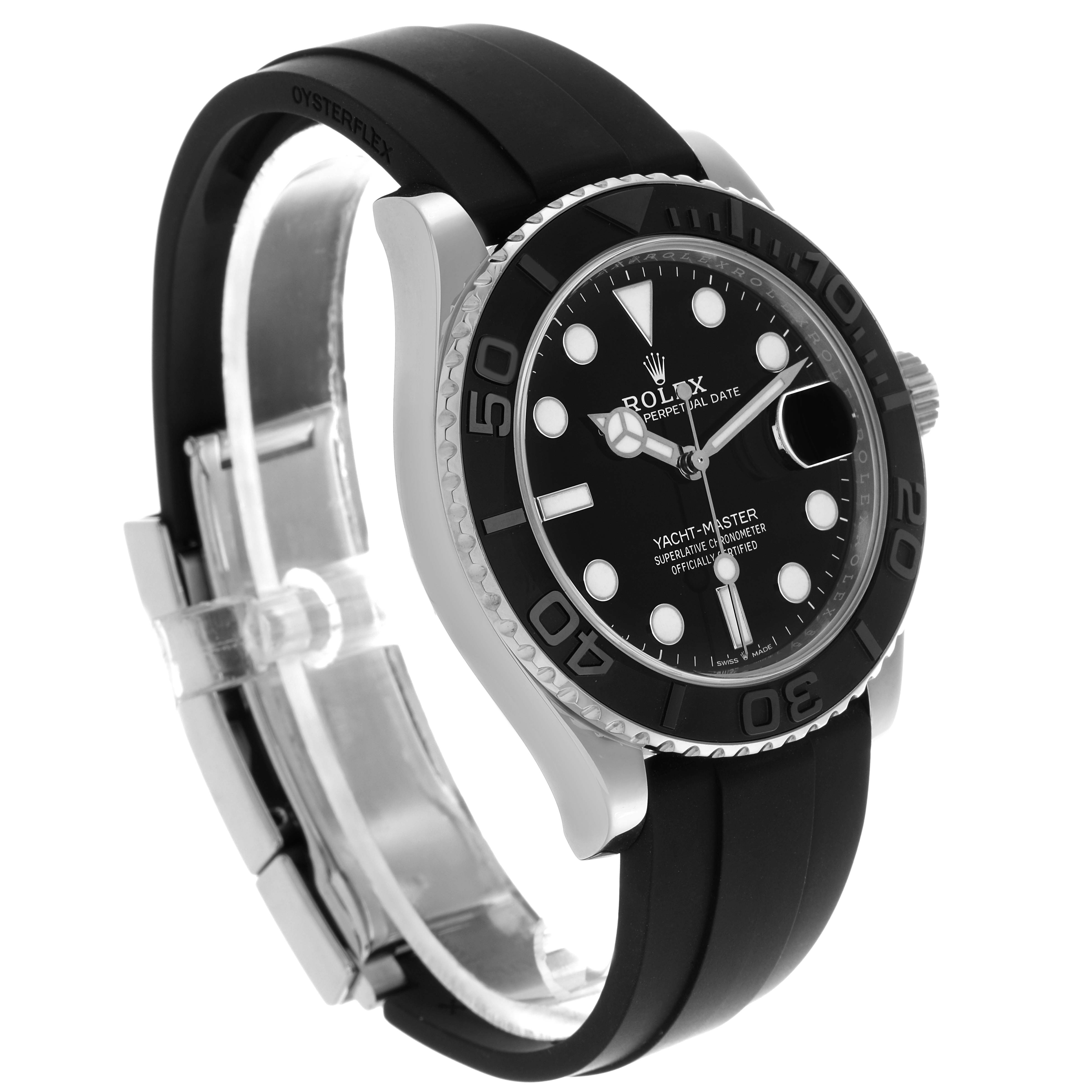 The Rolex Yacht-Master 226659 Men
s White Gold Black Dial 226659 Men
s White Gold Black Dial is shown at an angle highlighting the bezel, dial, case, crown, and black rubber strap.