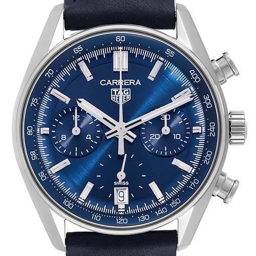 The image shows a close-up front view of the Tag Heuer Carrera watch, highlighting the dial, subdials, and crown with pushers.