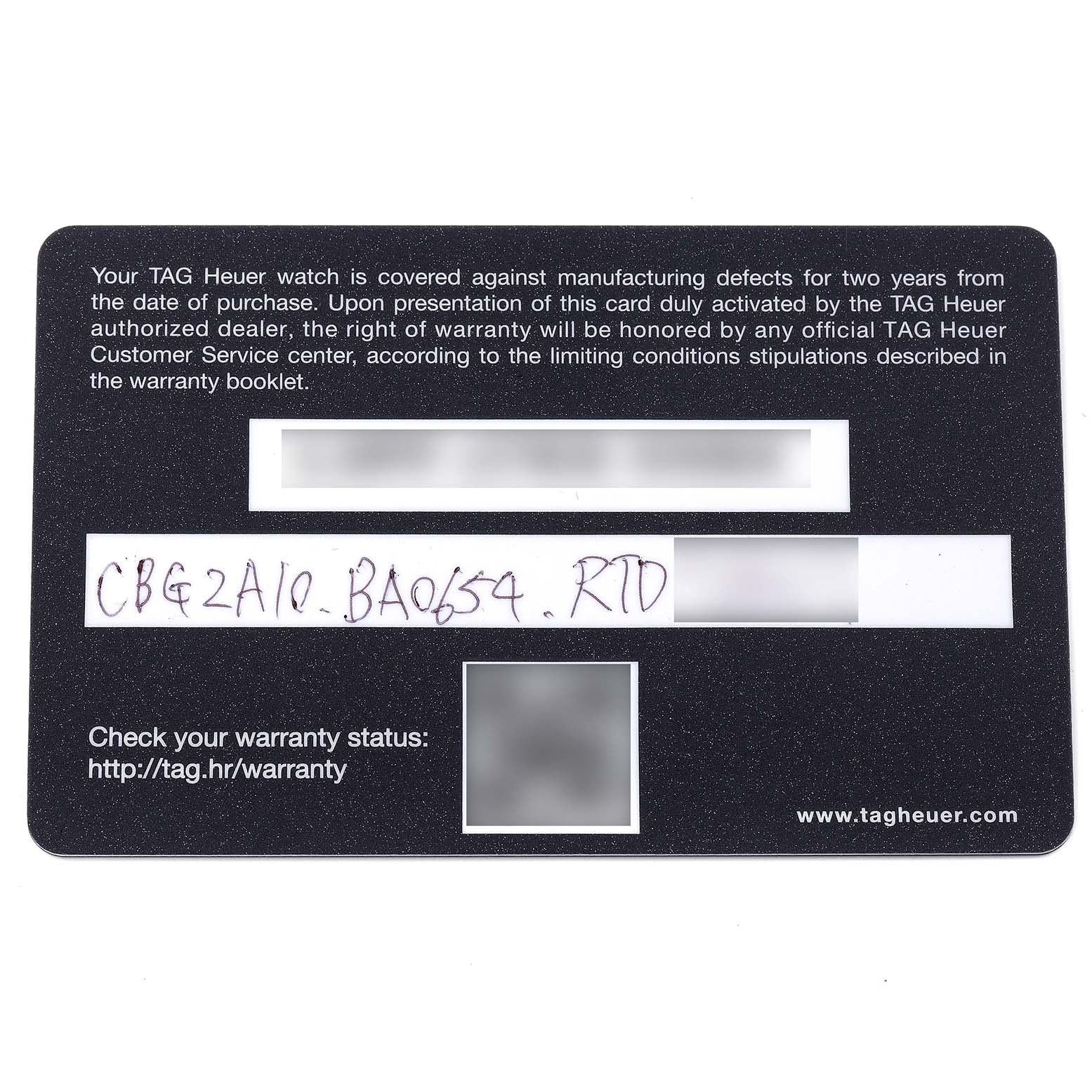 This image shows a warranty card for the Tag Heuer Carrera CBG2A10.BA0654 Men's Stainless Steel  CBG2A10.BA0654 Men's Stainless Steel  model watch.