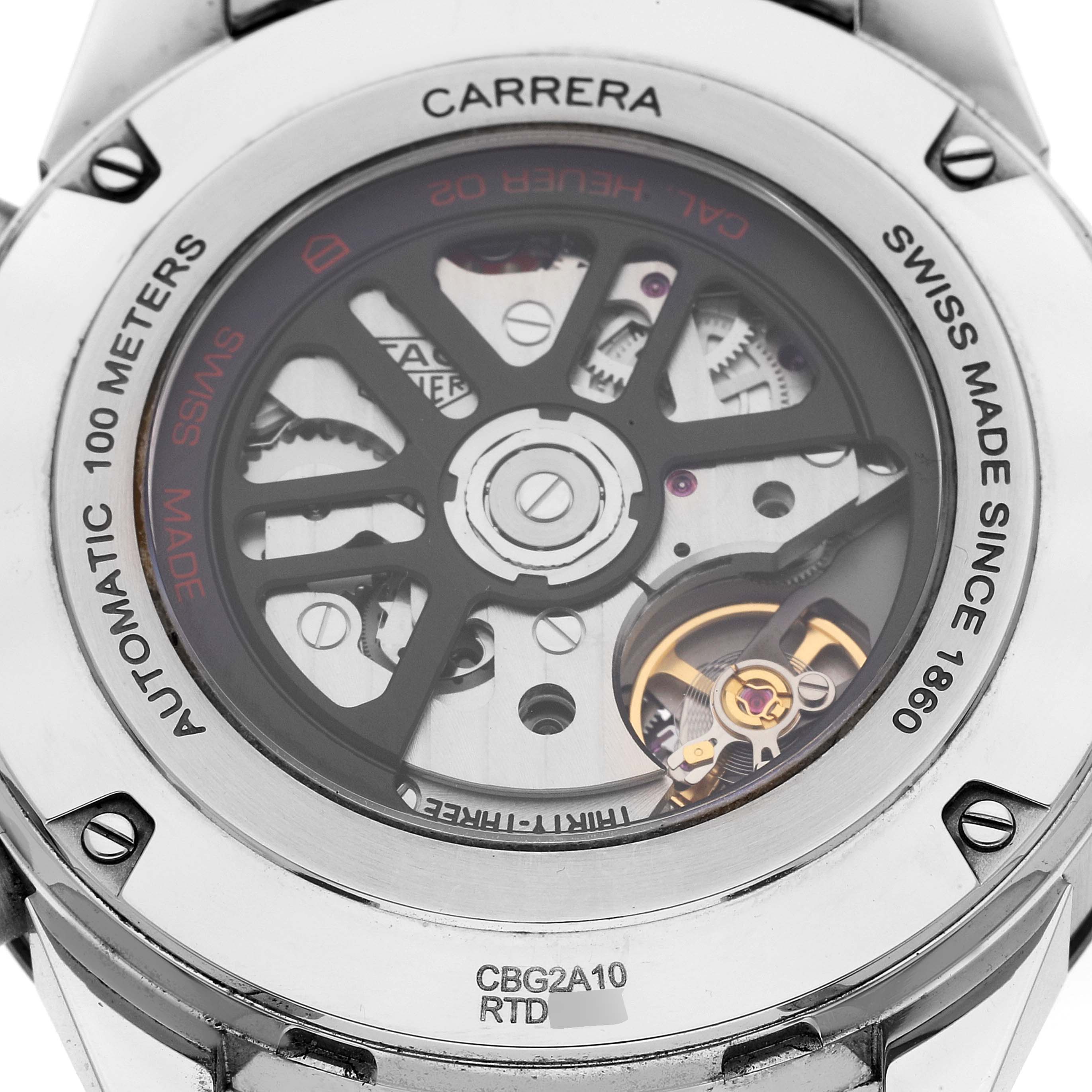 This image shows the case back of a Tag Heuer Carrera CBG2A10.BA0654 Men's Stainless Steel  CBG2A10.BA0654 Men's Stainless Steel  watch, revealing parts of the internal movement.