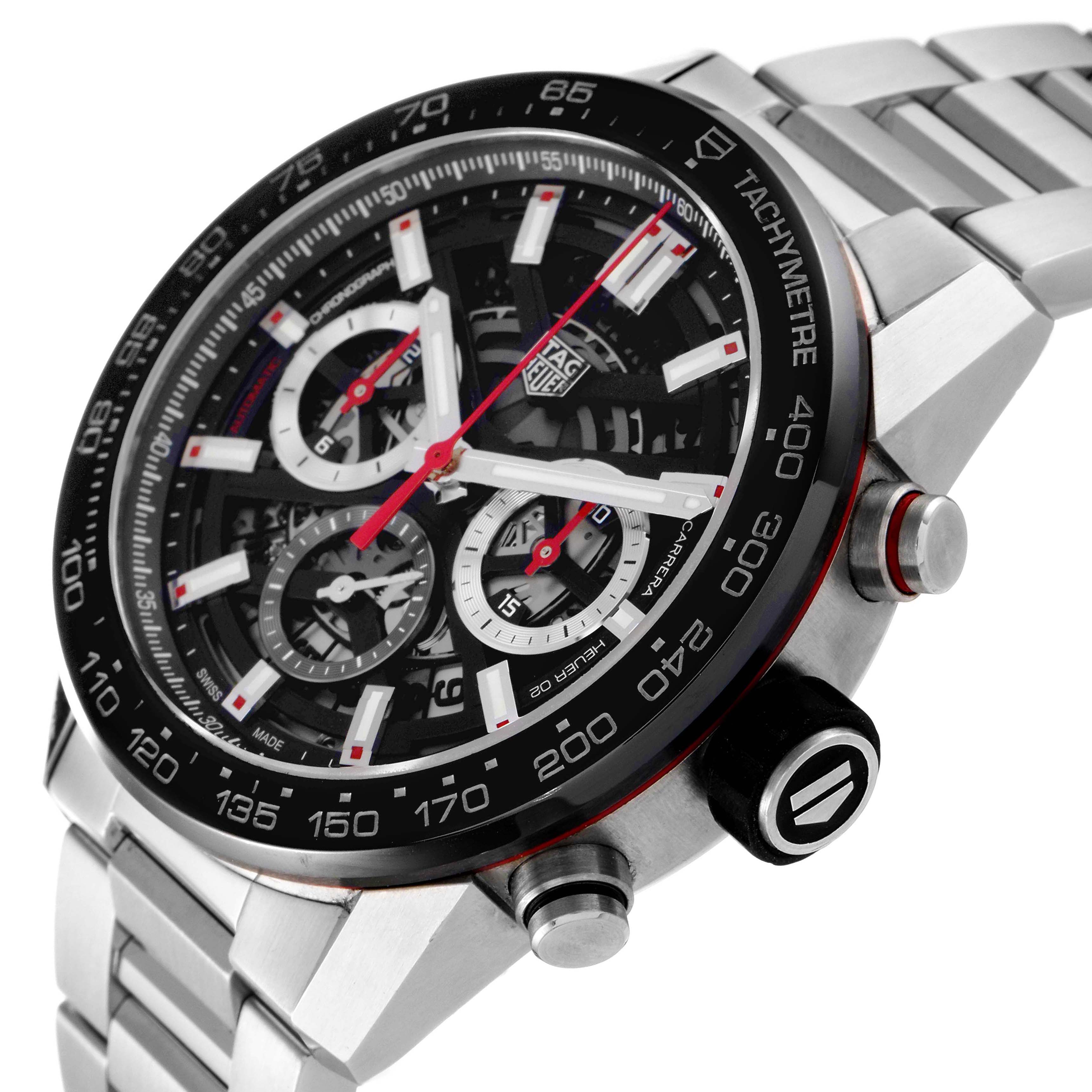 The image shows a close-up angle of a Tag Heuer Carrera CBG2A10.BA0654 Men's Stainless Steel  CBG2A10.BA0654 Men's Stainless Steel  watch, highlighting its dial, bezel, crown, and part of the metal bracelet.