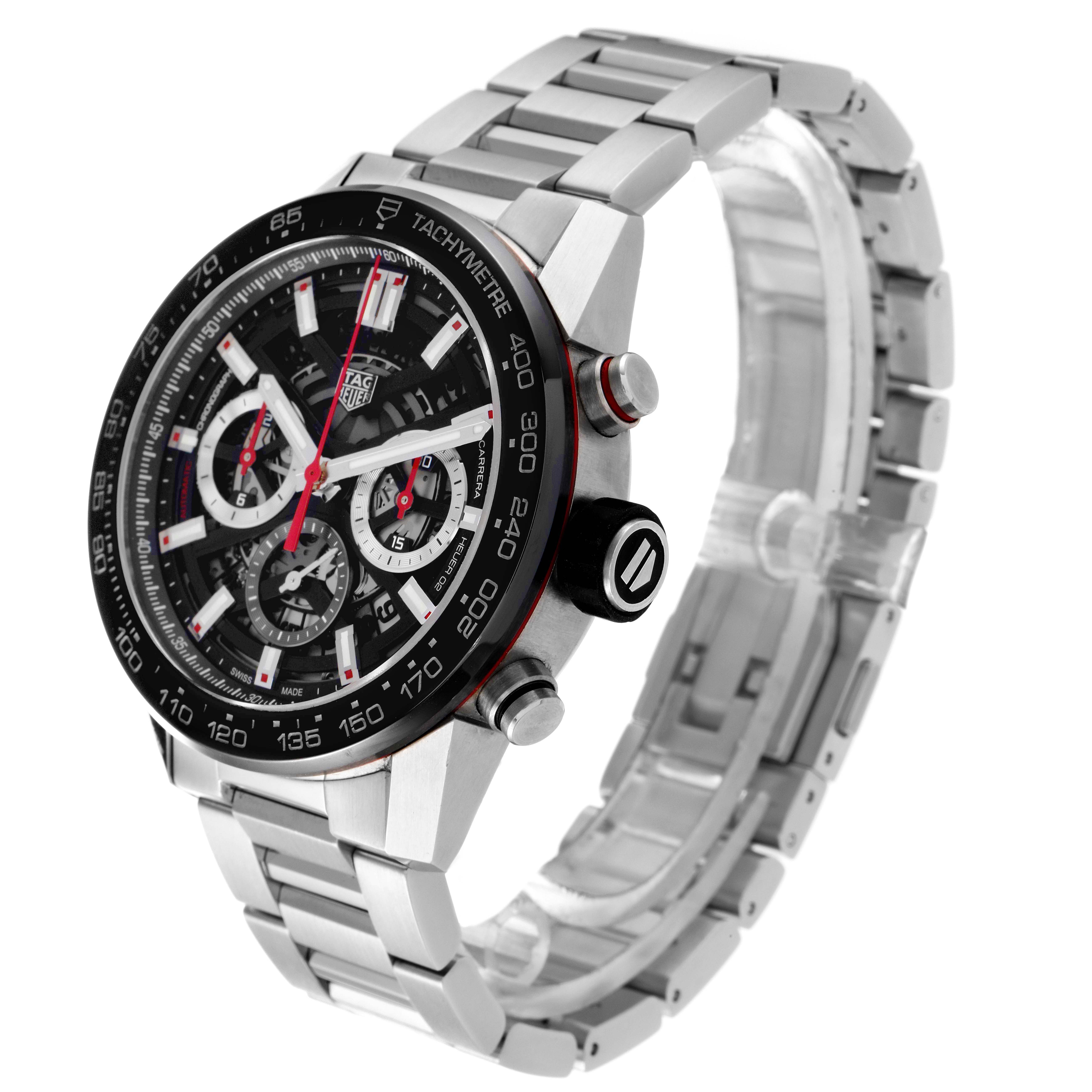 The image shows a Tag Heuer Carrera CBG2A10.BA0654 Men's Stainless Steel  CBG2A10.BA0654 Men's Stainless Steel  watch at a three-quarter angle, highlighting its dial, chronograph, tachymeter bezel, and metal bracelet.