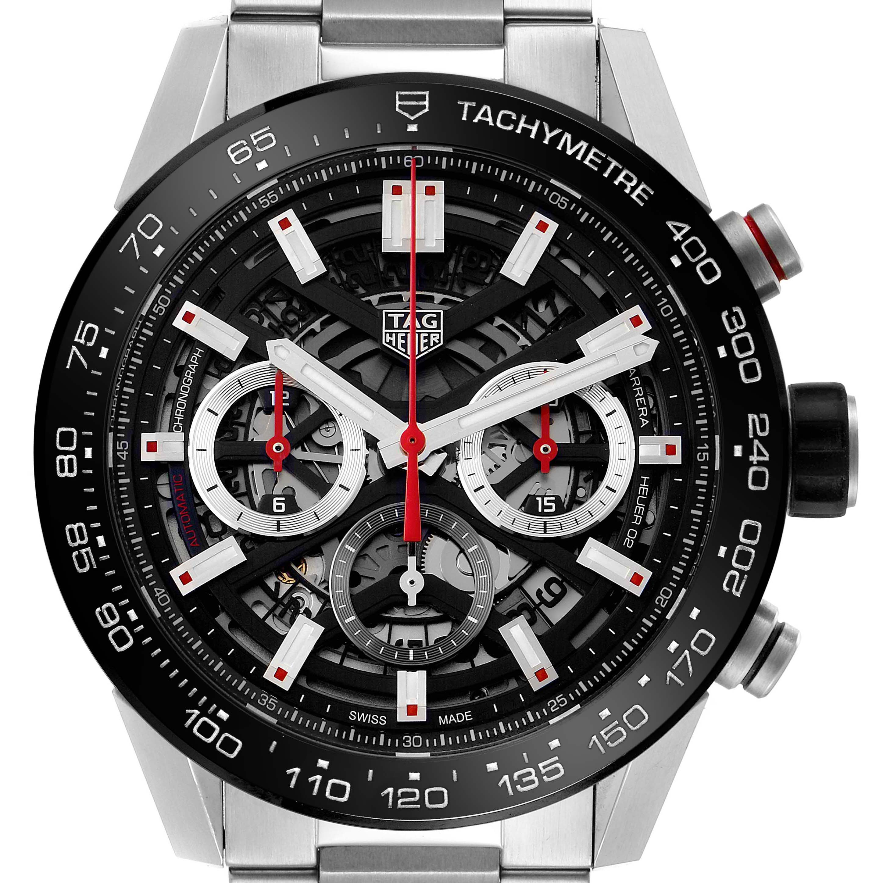 This image shows a close-up, front-facing view of a Tag Heuer Carrera CBG2A10.BA0654 Men's Stainless Steel  CBG2A10.BA0654 Men's Stainless Steel  watch, highlighting its tachymeter bezel and intricate dial.