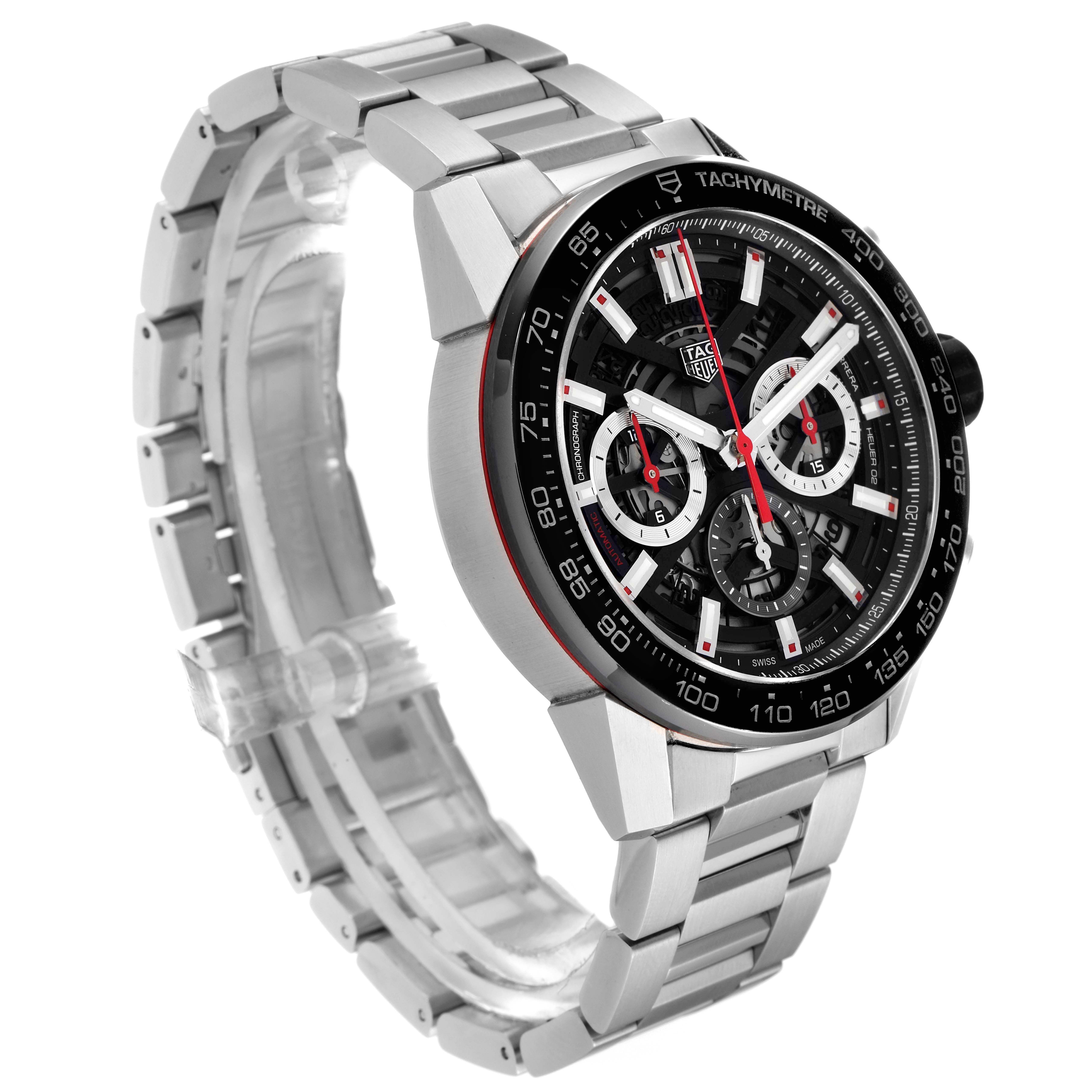 This image shows a side angle of the Tag Heuer Carrera CBG2A10.BA0654 Men's Stainless Steel  CBG2A10.BA0654 Men's Stainless Steel  watch, highlighting the face, bezel, and metal bracelet.