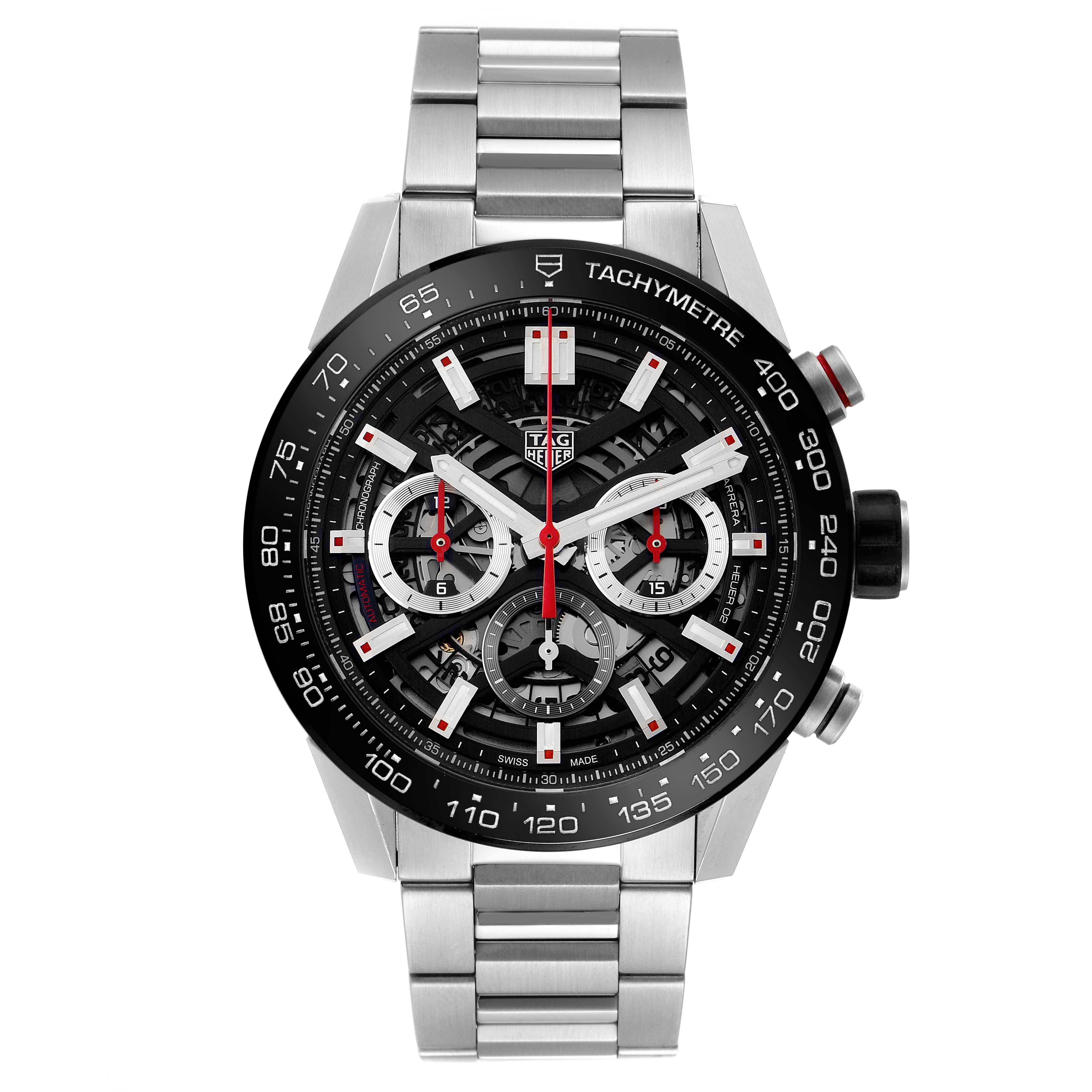 The Tag Heuer Carrera CBG2A10.BA0654 Men's Stainless Steel  CBG2A10.BA0654 Men's Stainless Steel  watch is shown from a frontal angle, displaying its face, bezel, and metal bracelet.