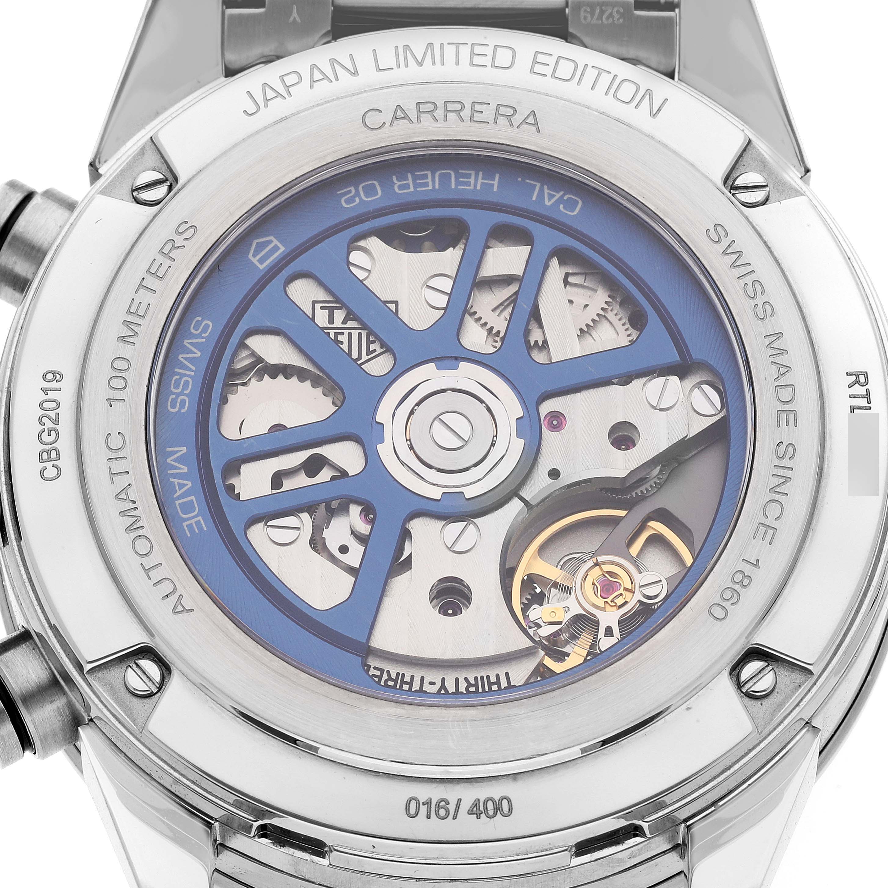 The image shows the back view of a Tag Heuer Carrera watch, revealing its internal mechanical components and "Japan Limited Edition" engraving.