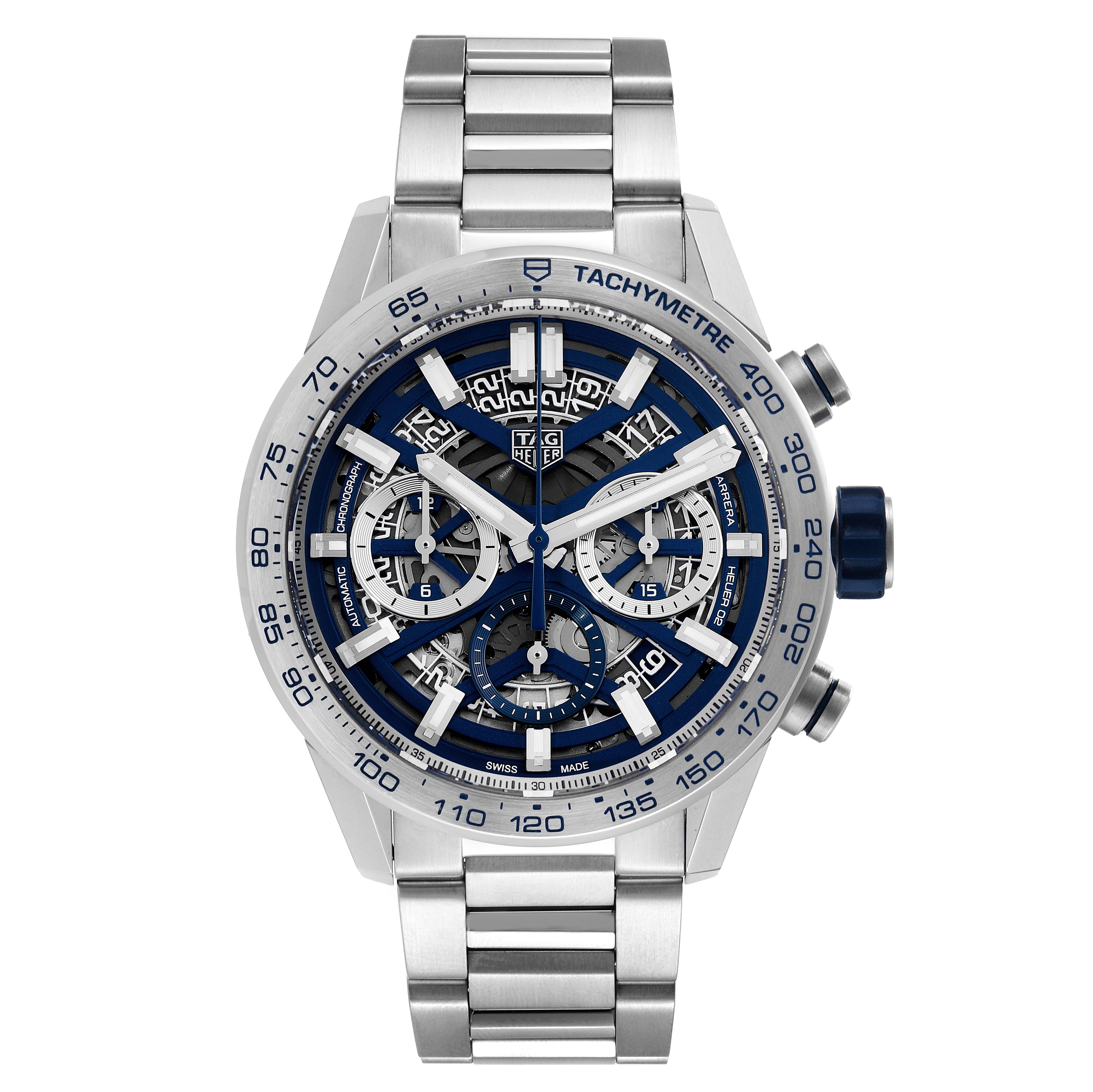 This image shows a front view of the Tag Heuer Carrera watch displaying its intricate dial, tachymeter, and stainless steel bracelet.