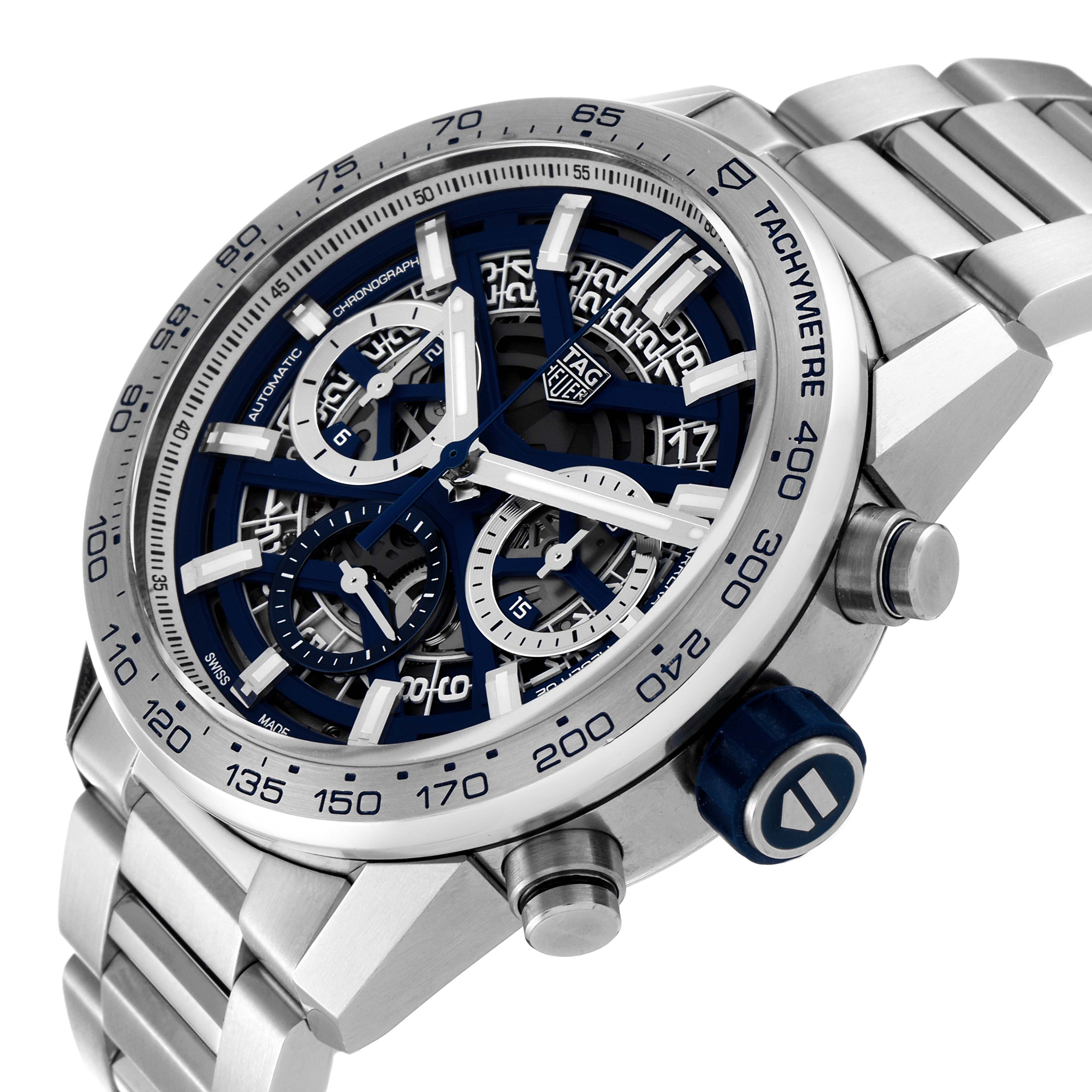 The Tag Heuer Carrera watch is shown at an angled perspective, highlighting the face, bezel, crown, and bracelet.