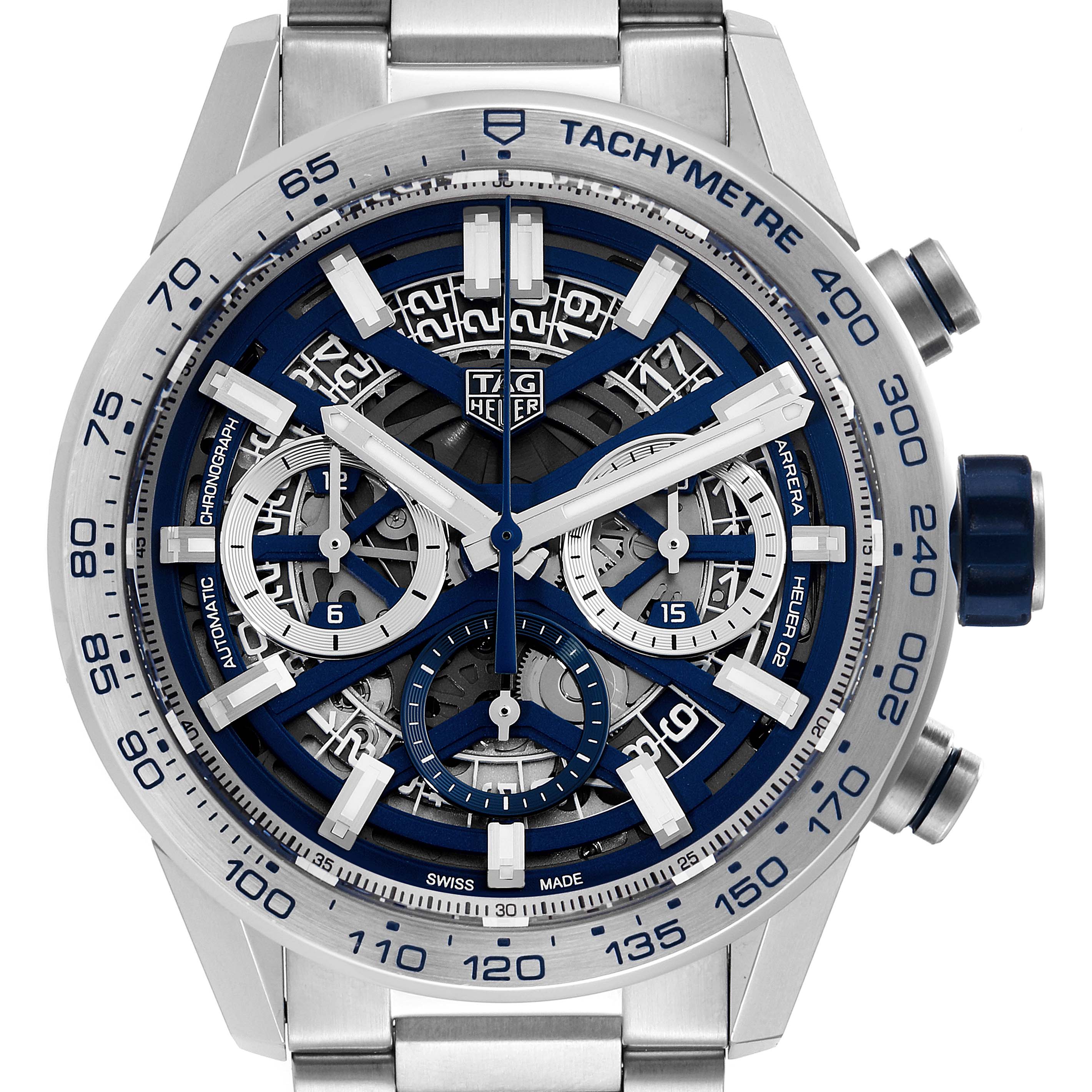 The image shows the Tag Heuer Carrera Limited Edition watch from a front angle, displaying the dial, chronograph sub-dials, and tachymeter.