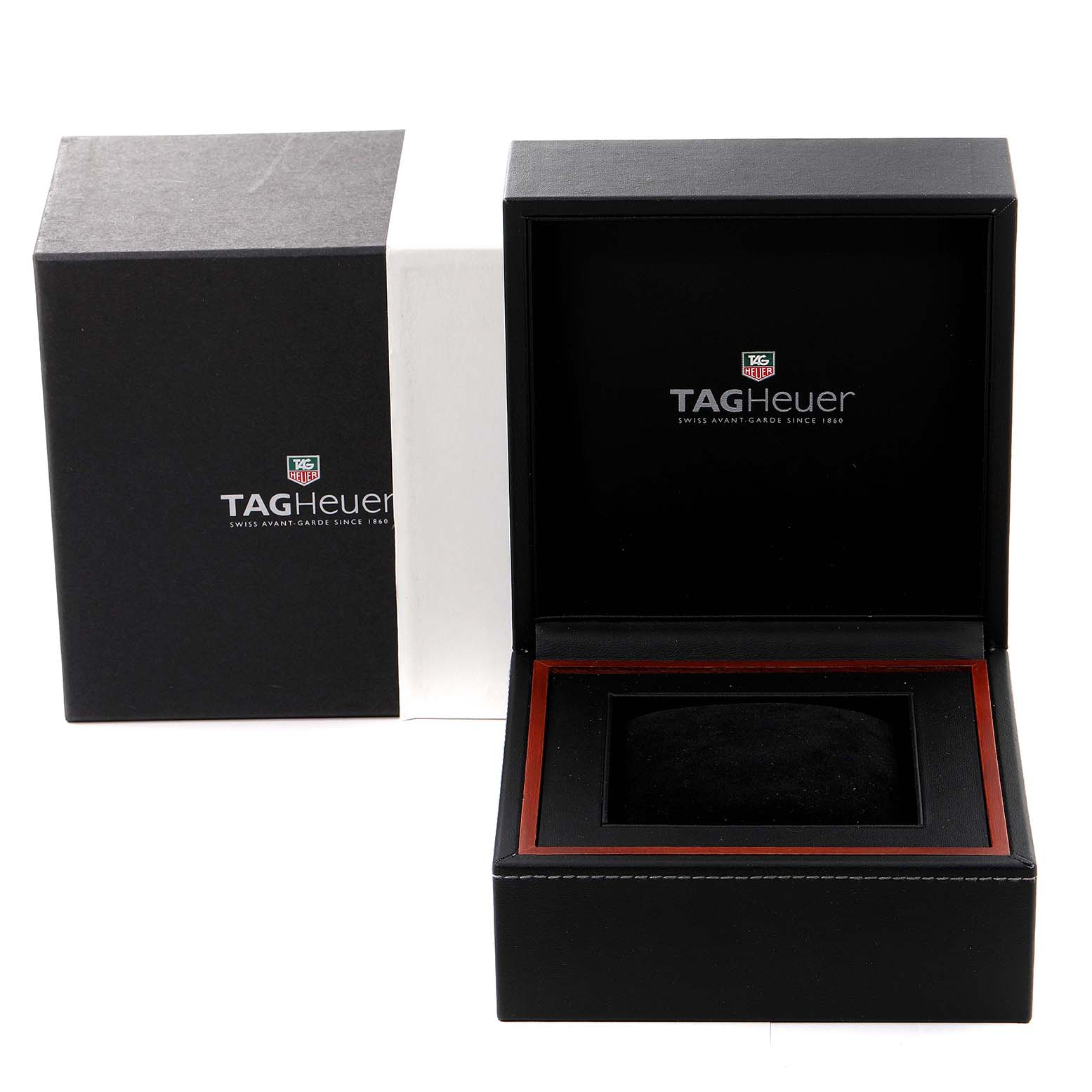The image shows the packaging box for a Tag Heuer Carrera watch, including the open inner box and the outer sleeve.