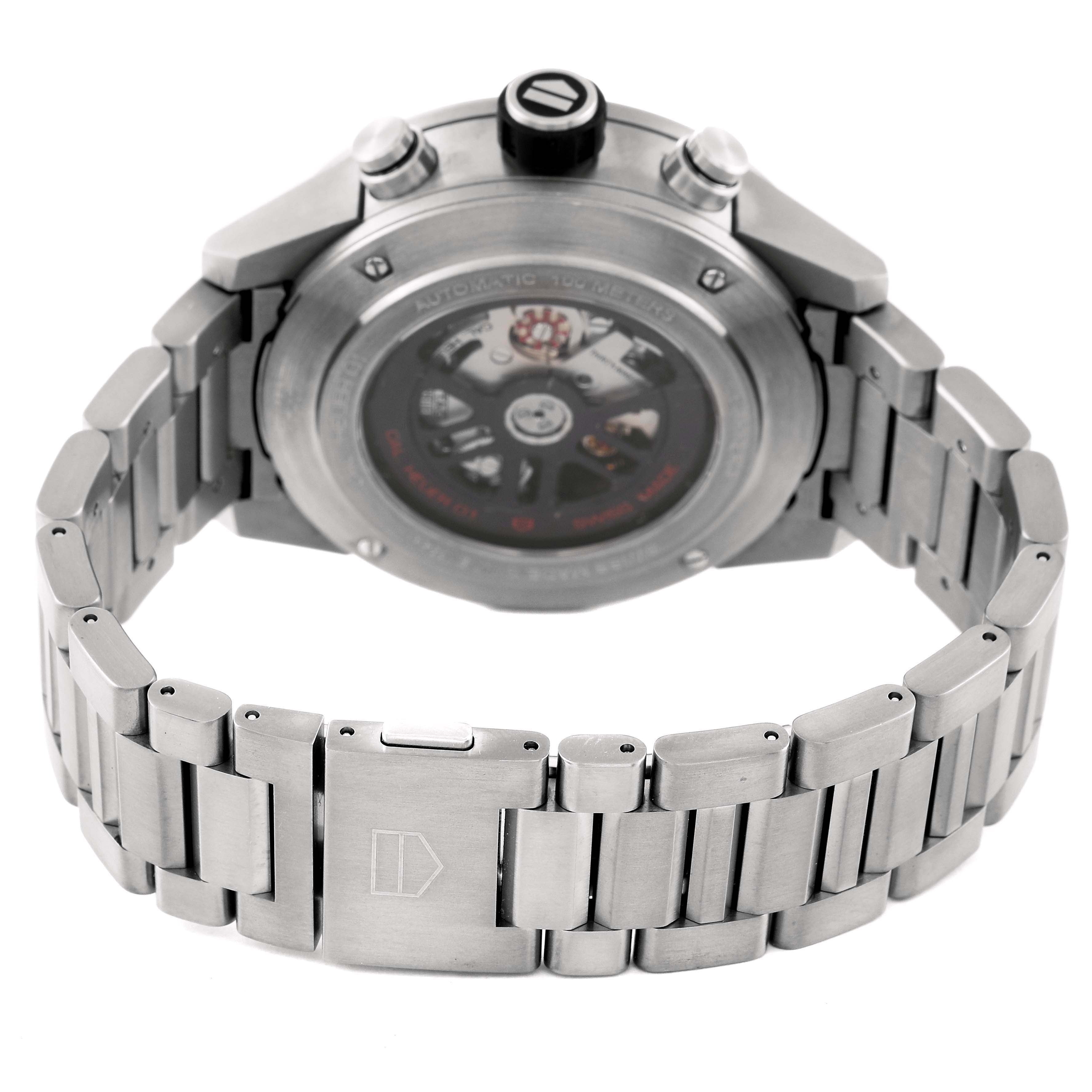 The image shows the back and side view of a Tag Heuer Carrera CAR2A8A.BF0707 Men's Titanium Grey Dial CAR2A8A.BF0707 Men's Titanium Grey Dial watch, highlighting its stainless steel bracelet and deployment clasp.
