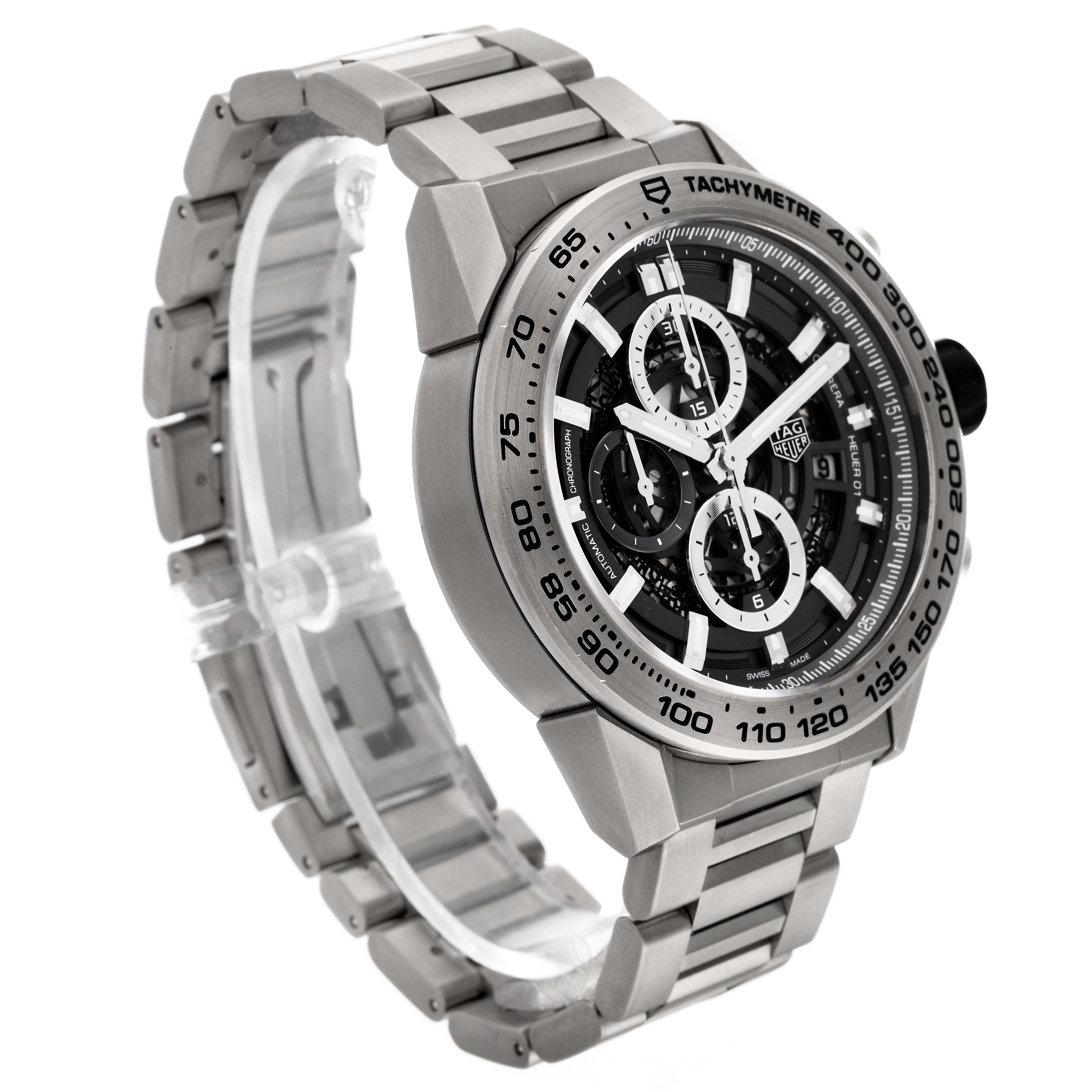 The image shows a side angle view of a Tag Heuer Carrera CAR2A8A.BF0707 Men's Titanium Grey Dial CAR2A8A.BF0707 Men's Titanium Grey Dial watch, highlighting its face and metal bracelet.