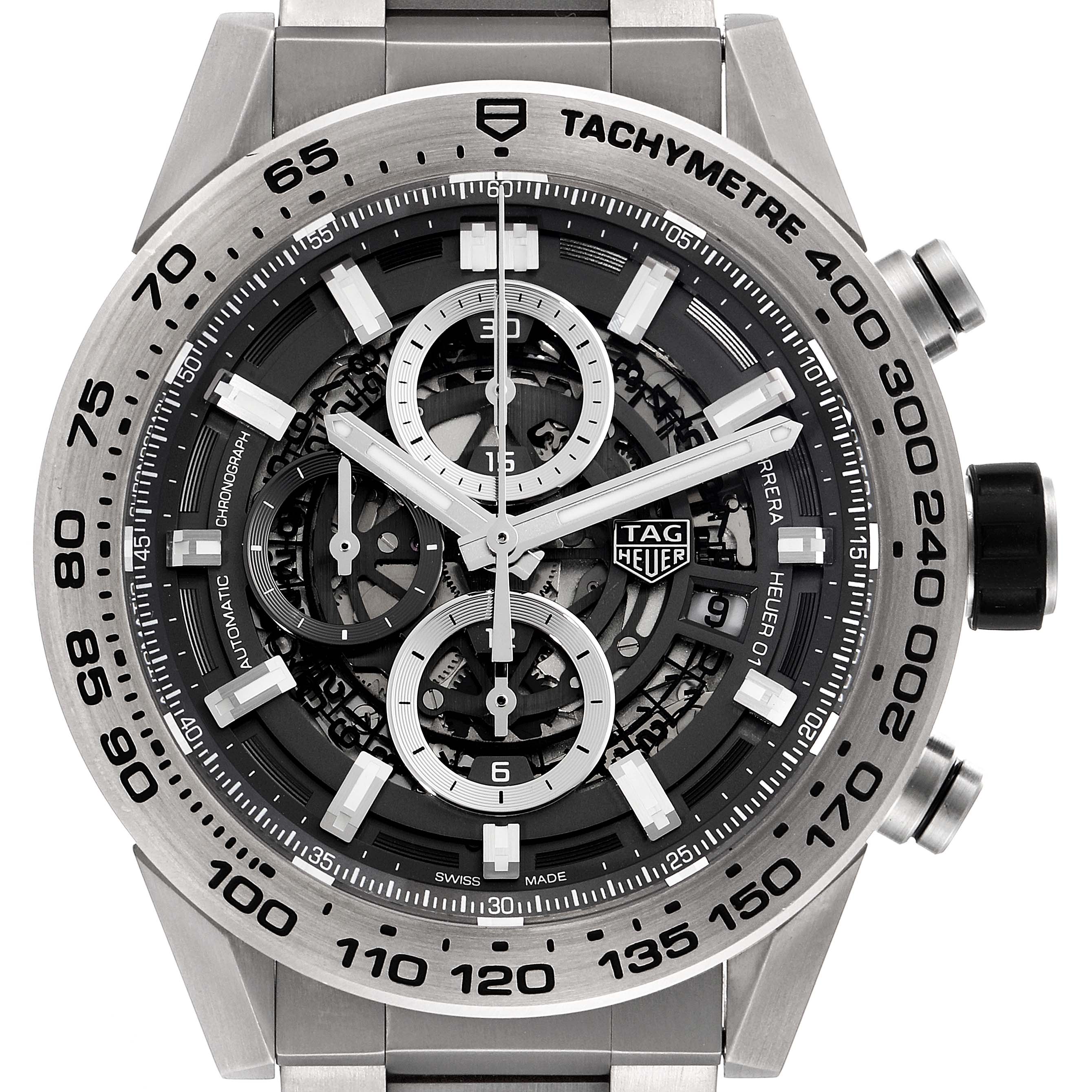 The image shows a close-up front view of the dial and bezel of the Tag Heuer Carrera CAR2A8A.BF0707 Men's Titanium Grey Dial CAR2A8A.BF0707 Men's Titanium Grey Dial watch, highlighting the tachymeter and chronograph features.