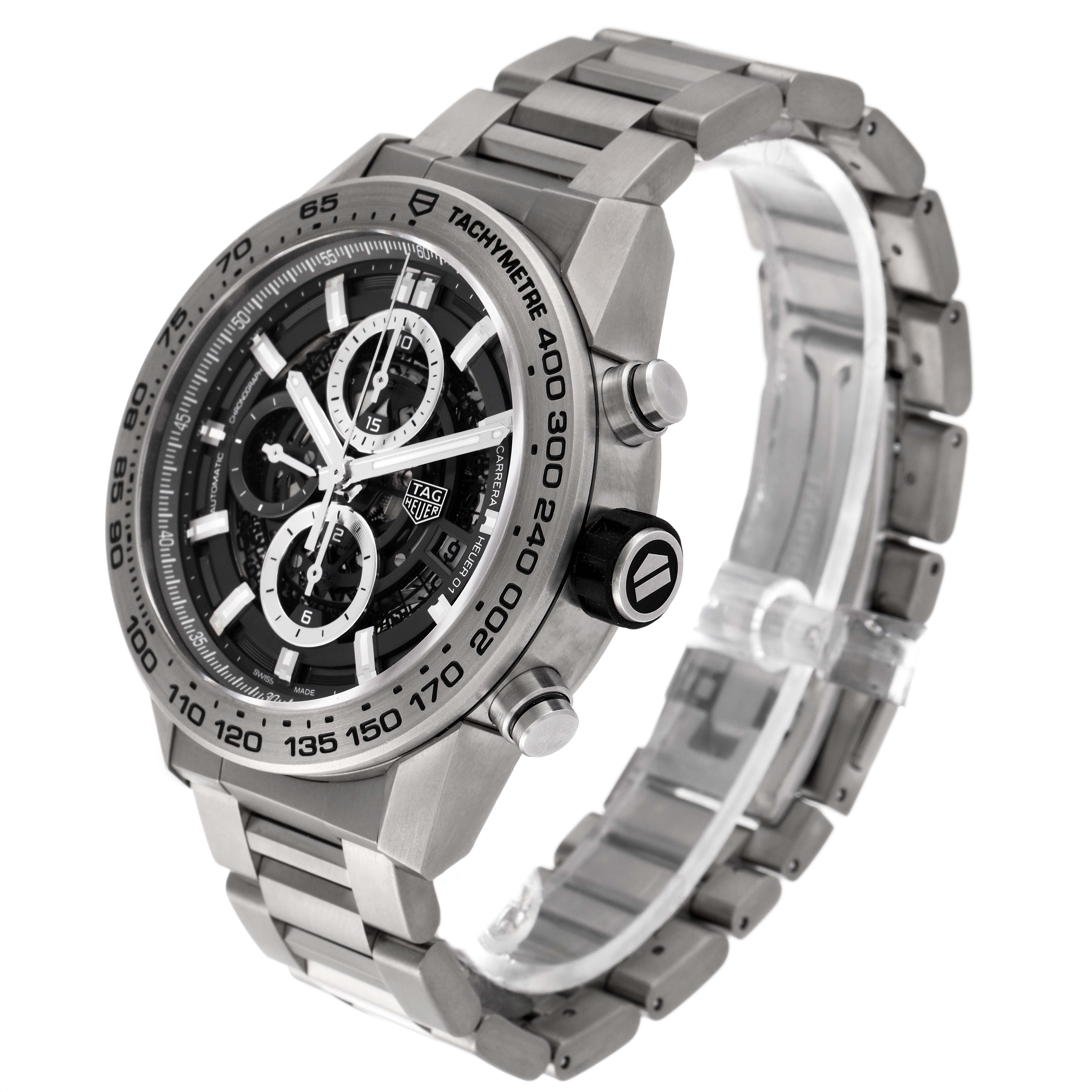 The image shows a Tag Heuer Carrera CAR2A8A.BF0707 Men's Titanium Grey Dial CAR2A8A.BF0707 Men's Titanium Grey Dial watch from a front-left angle, highlighting the dial, tachymeter, and metal bracelet.