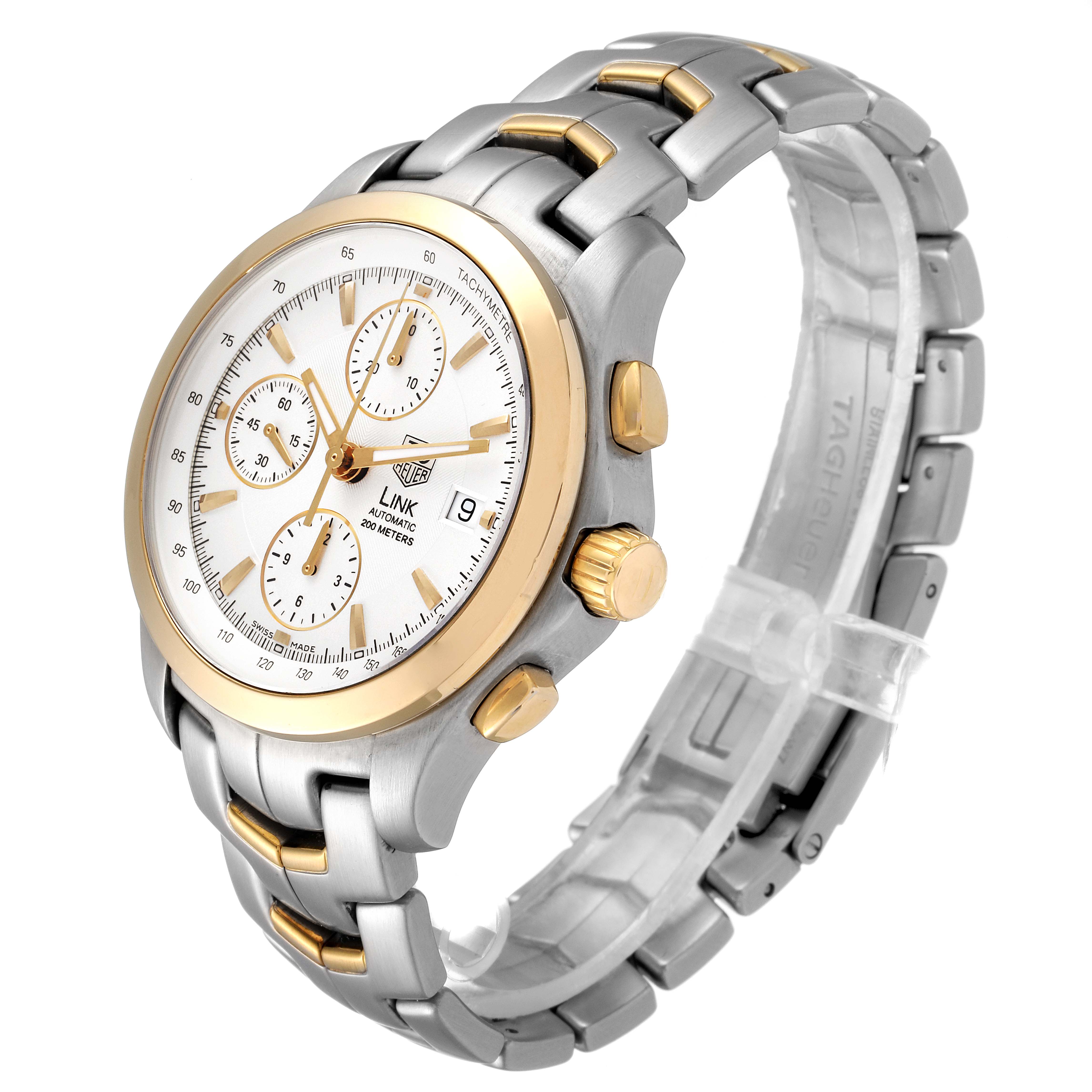 This image shows a Tag Heuer Link CJF2150.BB0595 Men's Steel and Gold (two tone) Silver Dial CJF2150.BB0595 Men's Steel and Gold (two tone) Silver Dial model watch from a three-quarter angle, highlighting the face, bezel, and dual-tone bracelet.