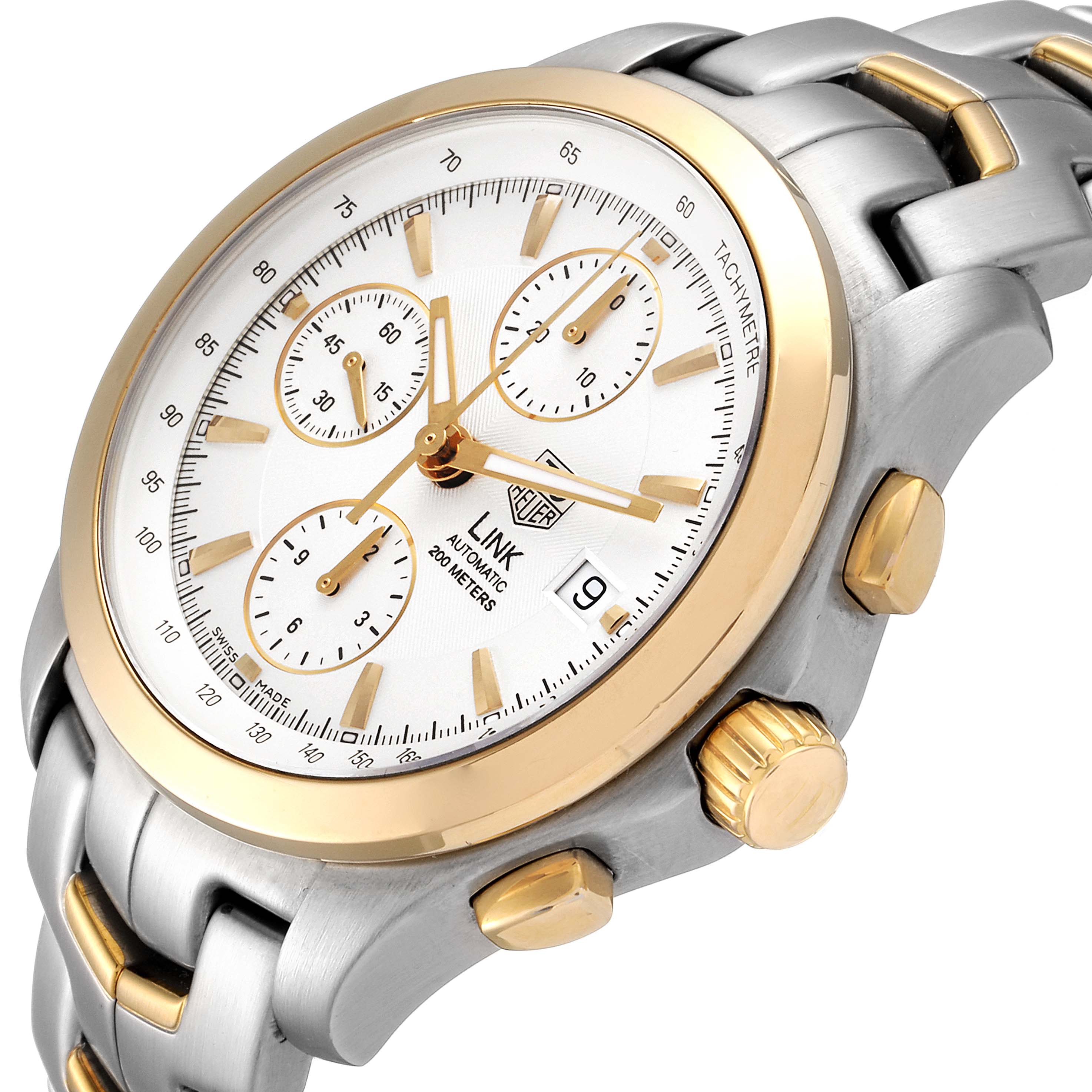 This Tag Heuer Link CJF2150.BB0595 Men's Steel and Gold (two tone) Silver Dial CJF2150.BB0595 Men's Steel and Gold (two tone) Silver Dial model watch is shown at a front angle, showcasing the face, bezel, and side pushers.