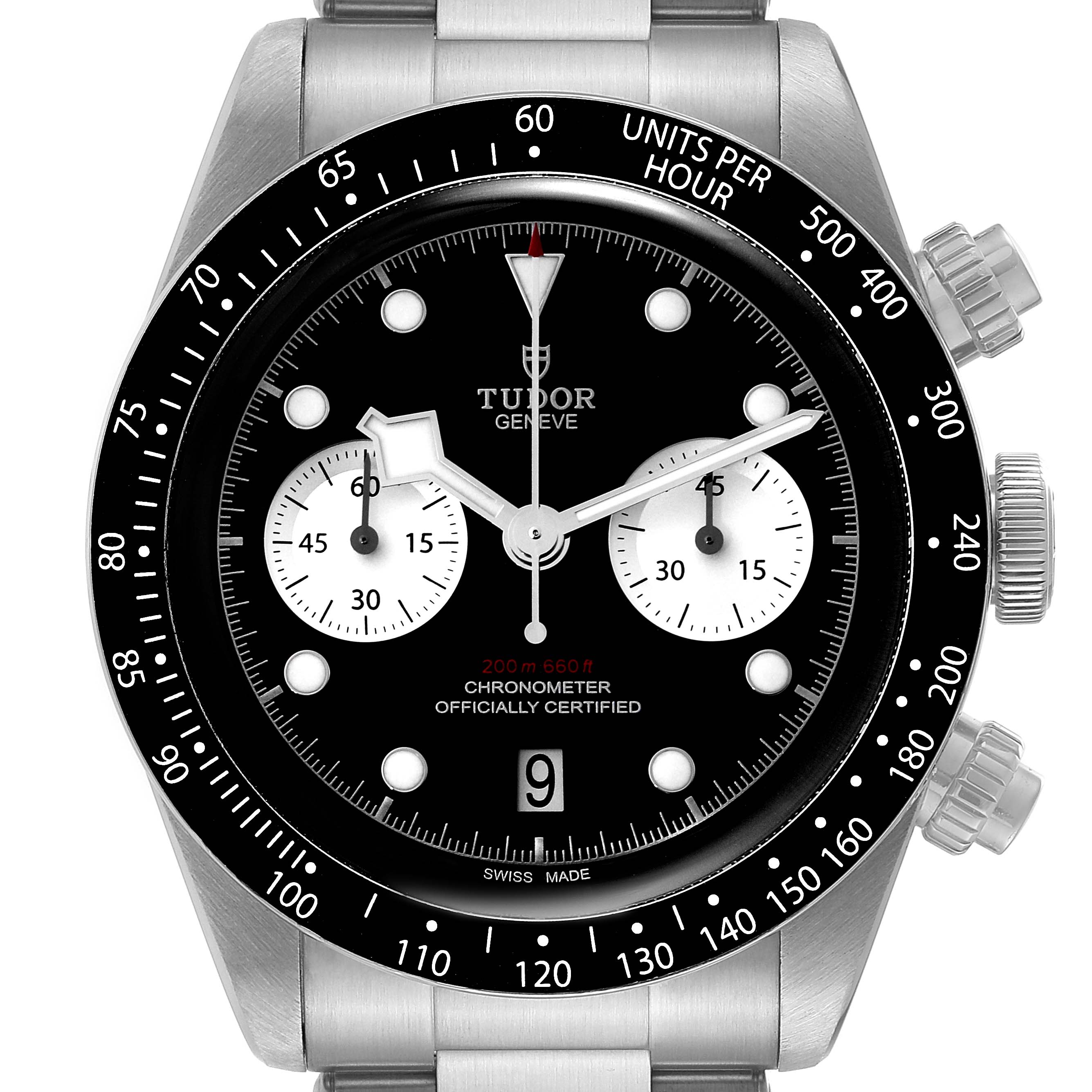 The image shows a frontal view of the Tudor Heritage Black Bay 79360N-0001 Men's Stainless Steel Black Dial 79360N-0001 Men's Stainless Steel Black Dial model watch, highlighting the dial, bezel, and chronograph subdials.