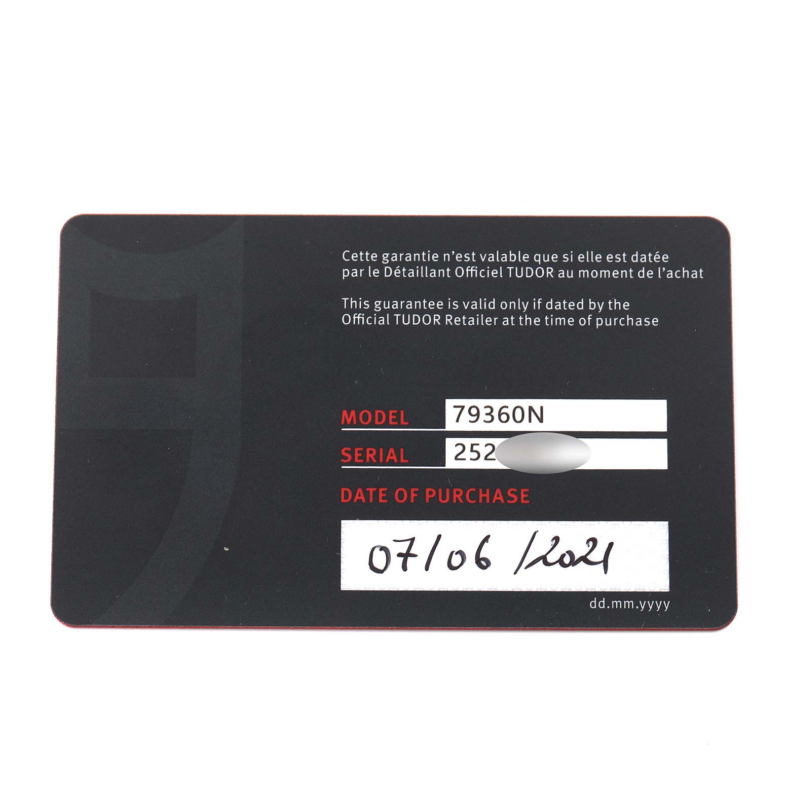 The image shows the guarantee card for a Tudor Sport Chronograph model 79360N watch.