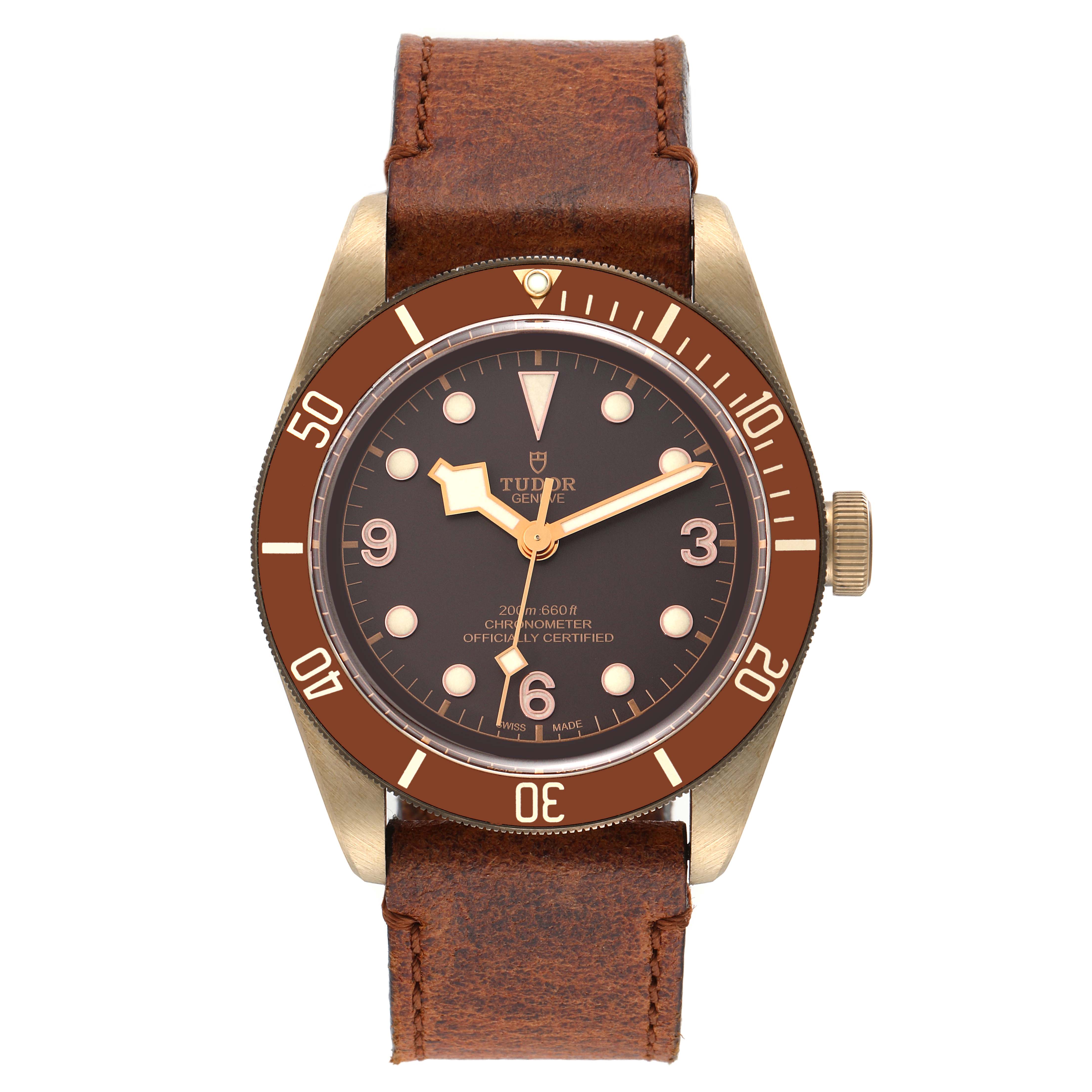 The watch is the Tudor Heritage Black Bay 79250B Men's Bronze Brown Dial 79250B Men's Bronze Brown Dial model, shown from the front, displaying the dial, bezel, crown, and leather strap.