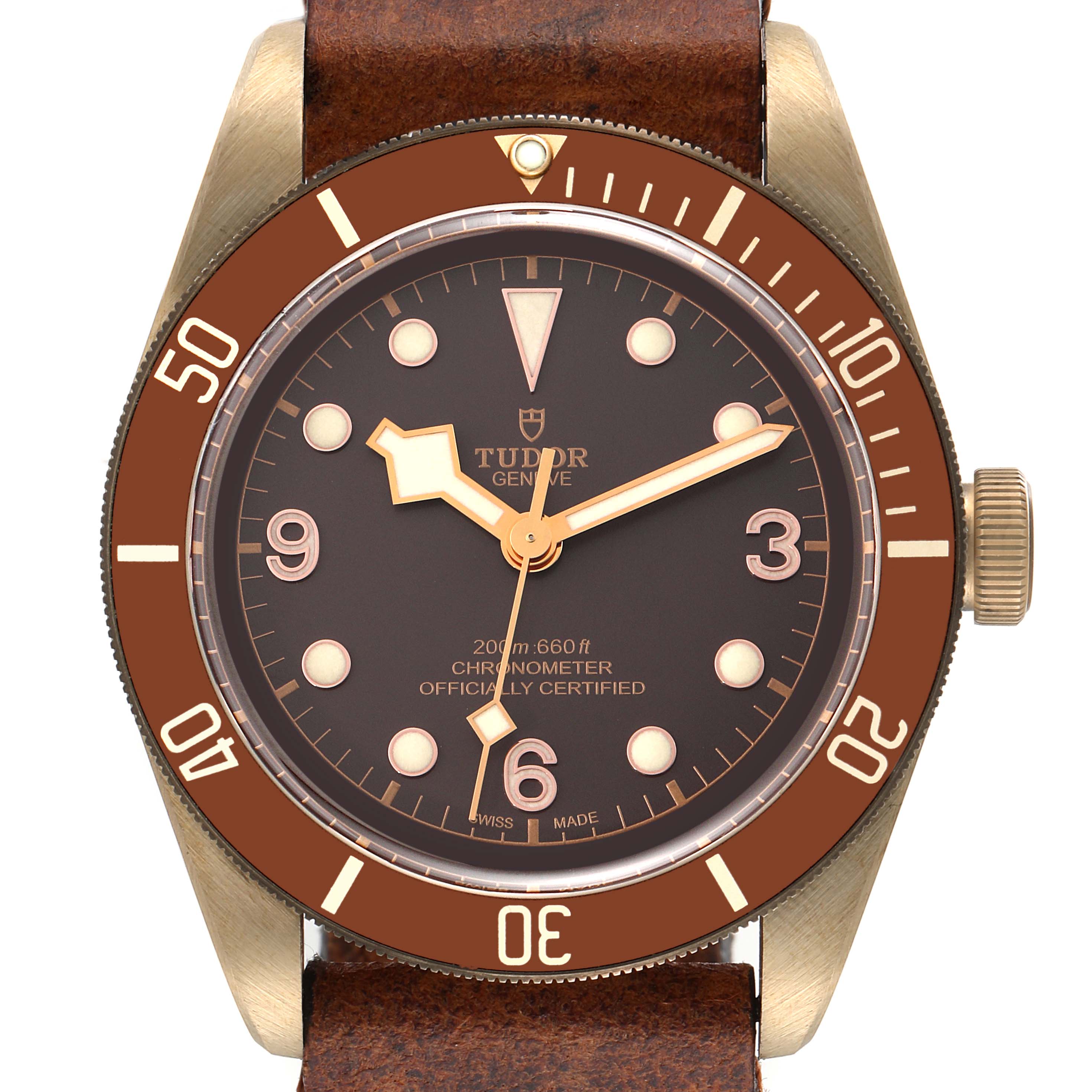 The image shows a front view of a Tudor Heritage Black Bay 79250B Men's Bronze Brown Dial 79250B Men's Bronze Brown Dial watch, highlighting the dial, bezel, and crown.