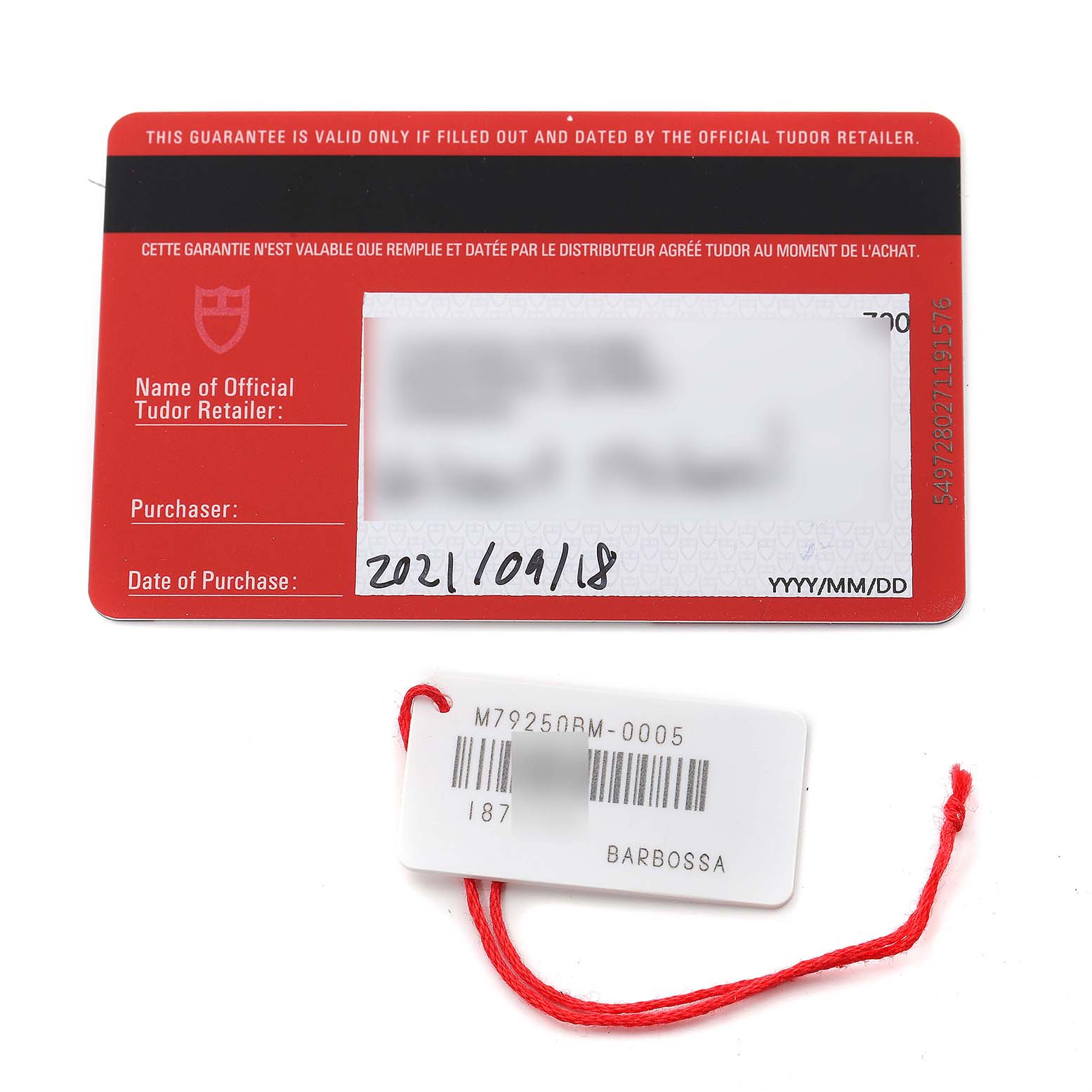 This image shows the warranty card and tag for the Tudor Heritage Black Bay 79250B Men's Bronze Brown Dial 79250B Men's Bronze Brown Dial watch.