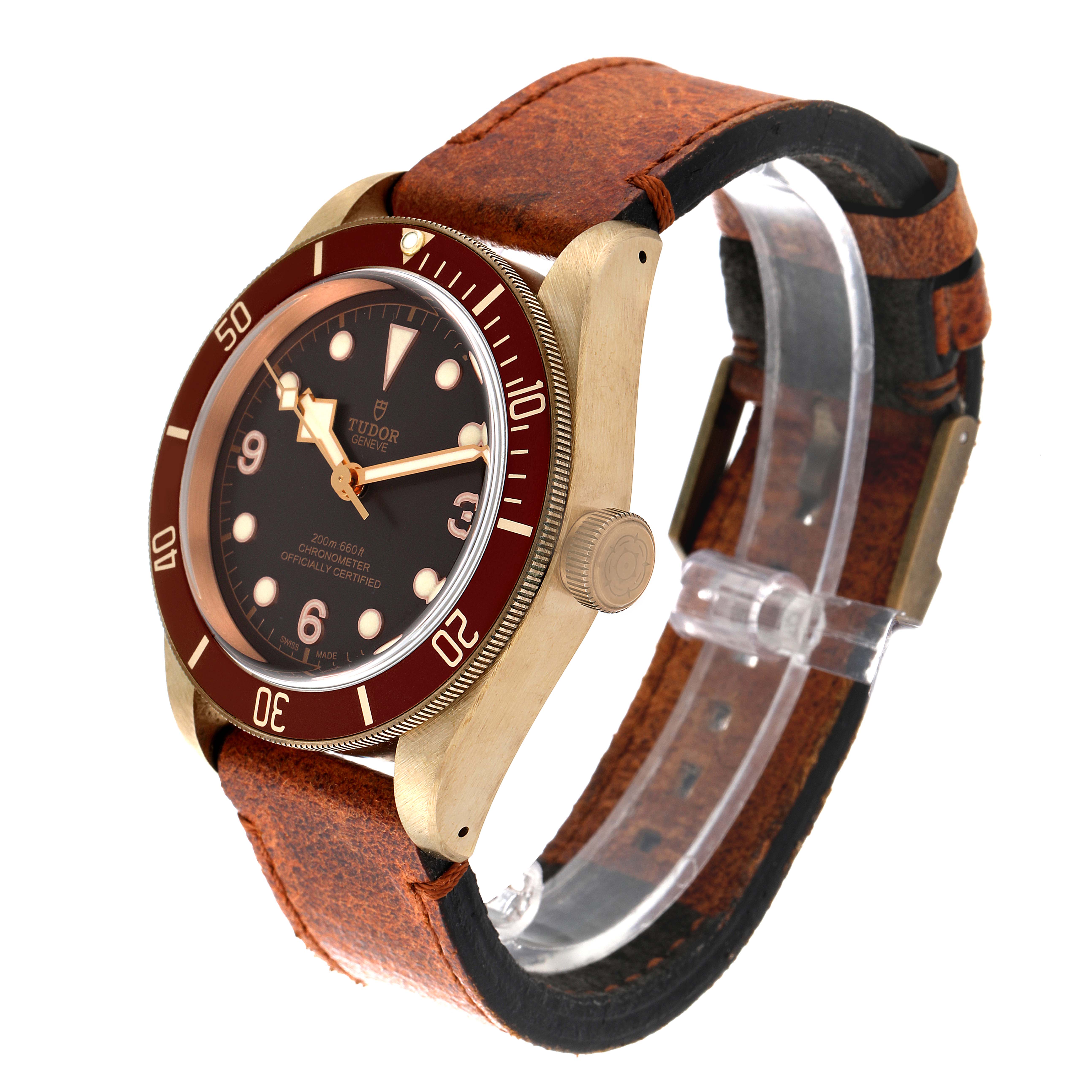 The image shows a Tudor Heritage Black Bay 79250B Men's Bronze Brown Dial 79250B Men's Bronze Brown Dial watch at a three-quarter angle displaying the dial, bezel, crown, and leather strap.