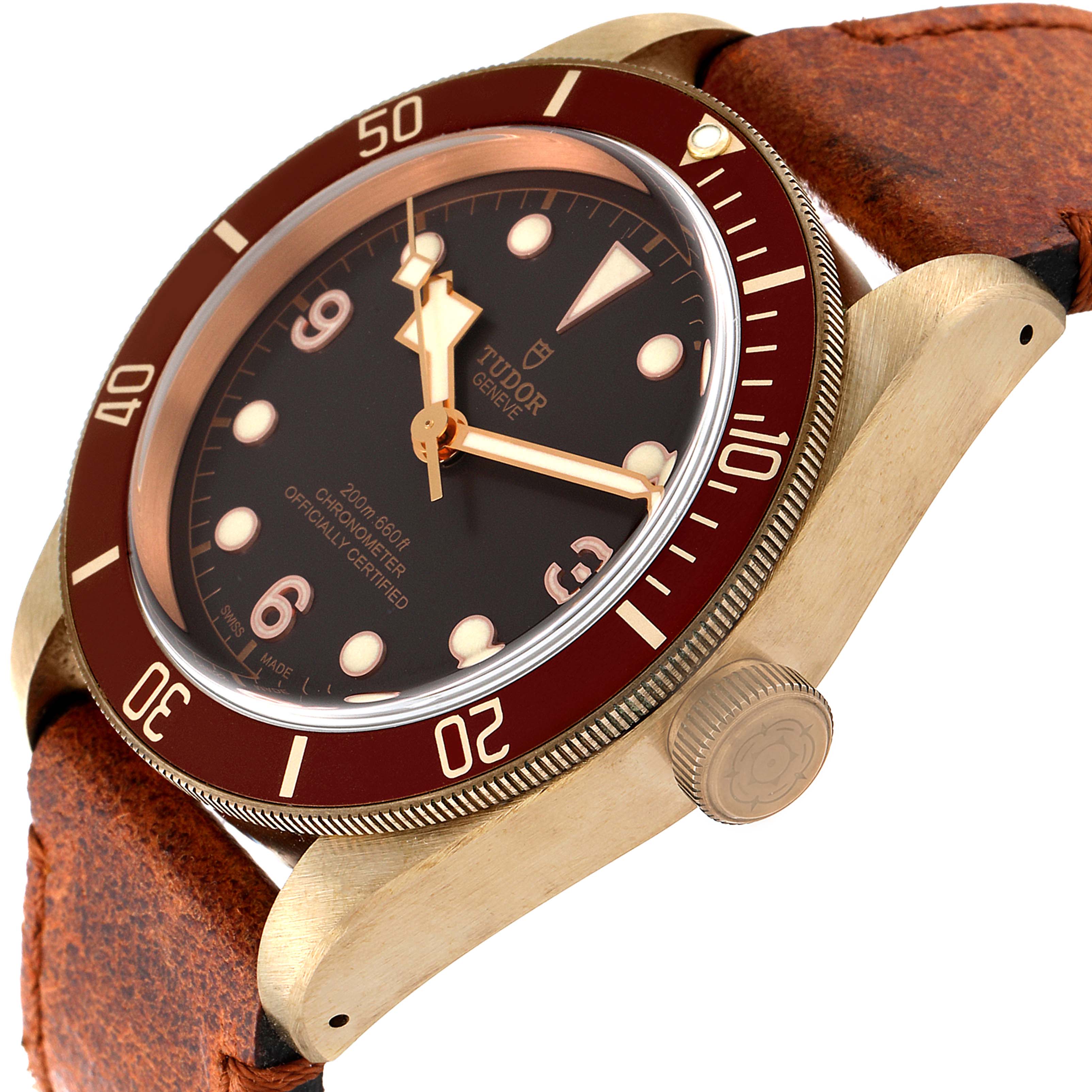 The image shows a close-up angle of the Tudor Heritage Black Bay 79250B Men's Bronze Brown Dial 79250B Men's Bronze Brown Dial watch, highlighting the dial, bezel, crown, and leather strap.