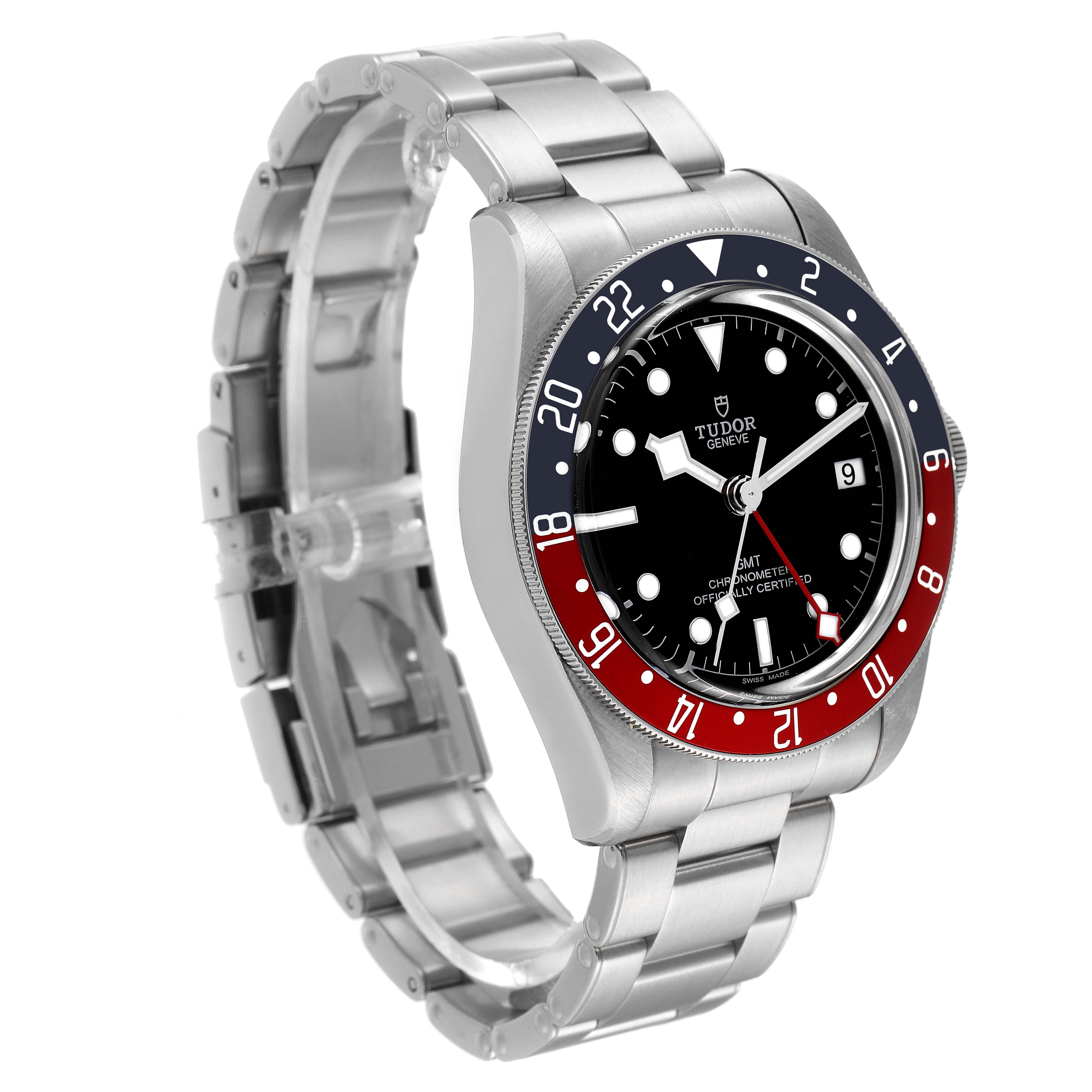 The Tudor Heritage Black Bay 79830RB Men
s Stainless Steel Black Dial 79830RB Men
s Stainless Steel Black Dial watch is shown at a three-quarter angle, highlighting the dial, bezel, and part of the bracelet.