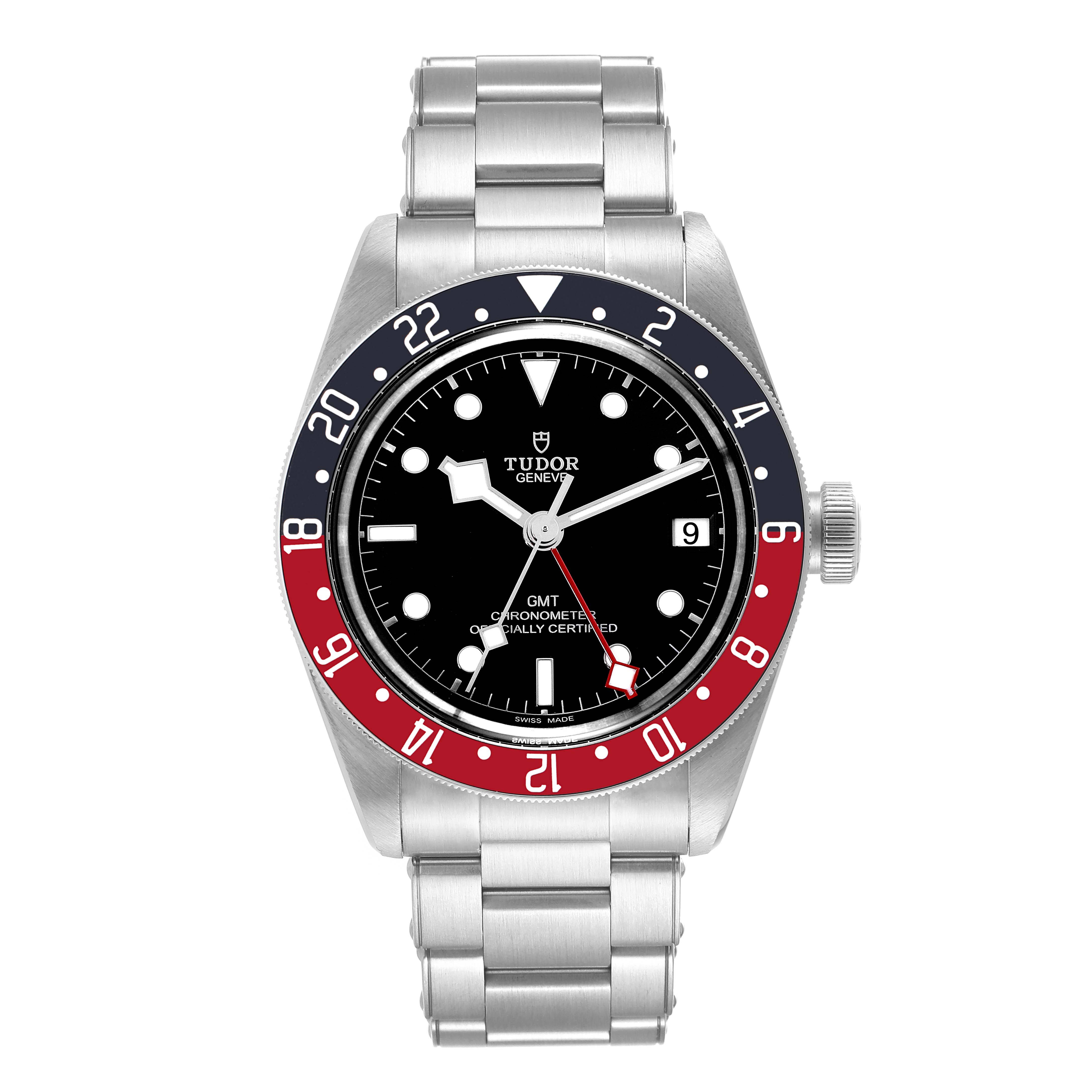 The image shows a front view of the Tudor Heritage Black Bay 79830RB Men
s Stainless Steel Black Dial 79830RB Men
s Stainless Steel Black Dial GMT watch, featuring its bezel, dial, and bracelet.