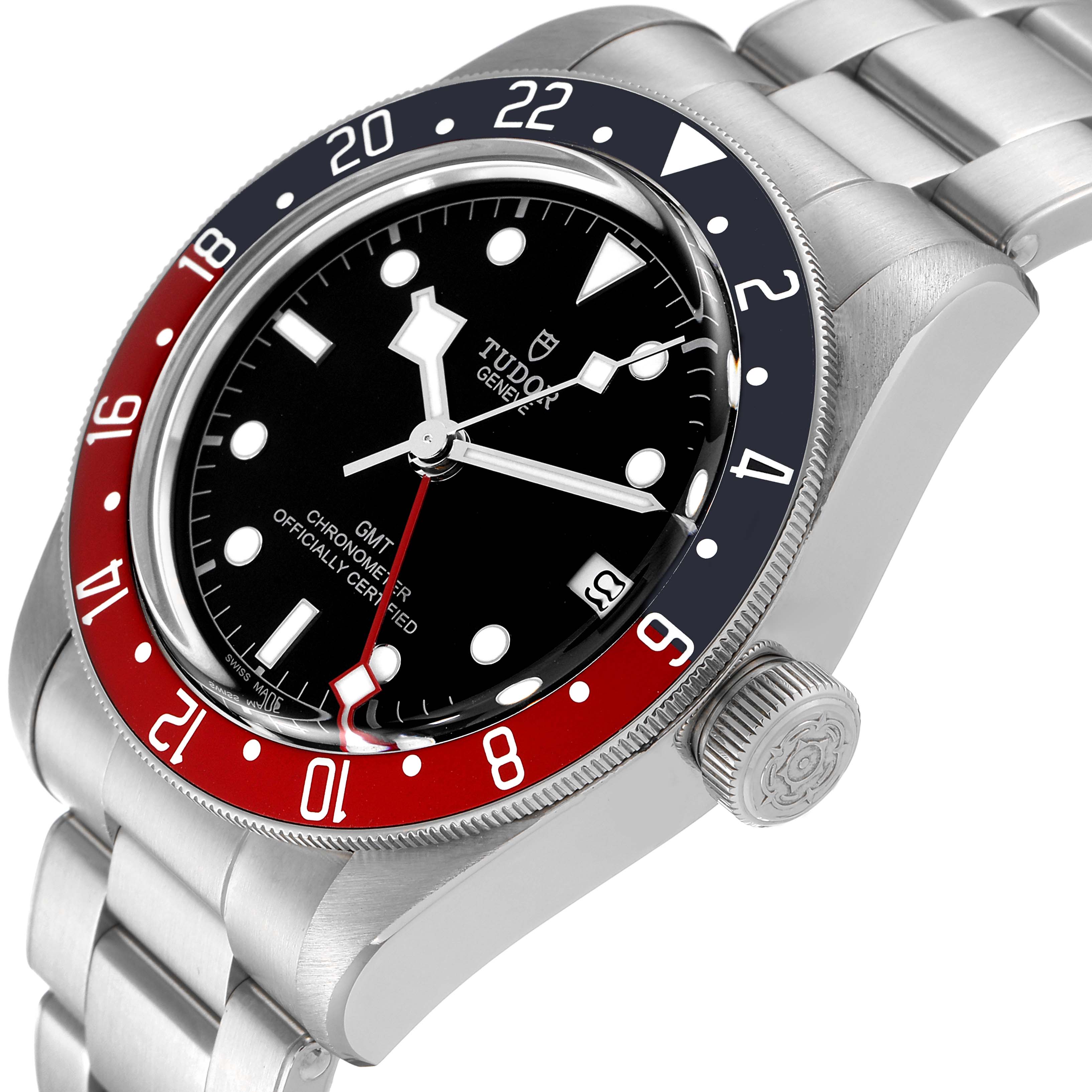 The Tudor Heritage Black Bay 79830RB Men
s Stainless Steel Black Dial 79830RB Men
s Stainless Steel Black Dial is shown at an angle, displaying the bezel, dial, case, and part of the bracelet.