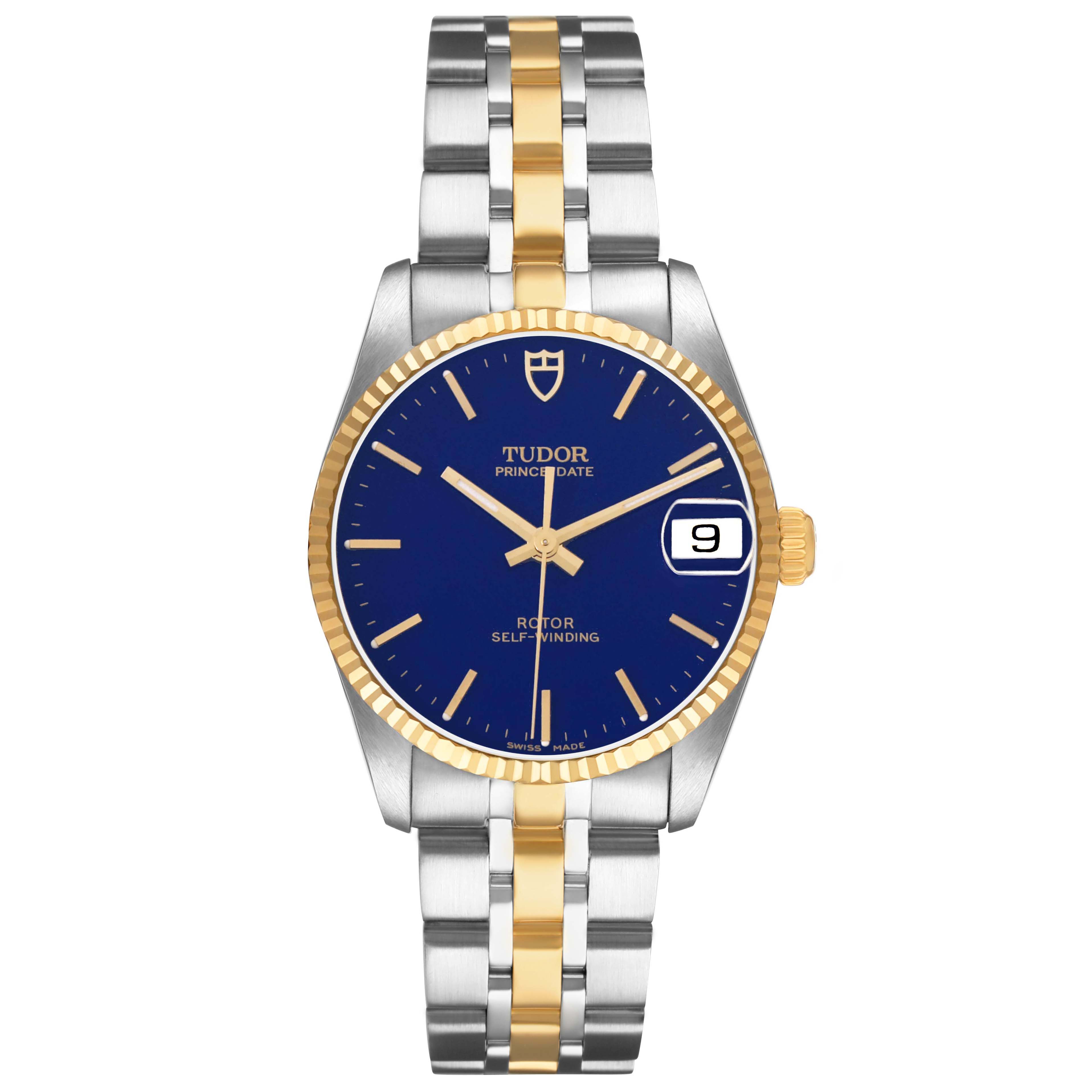 The Tudor Prince 72033 Men's Steel and Gold (two tone) Blue Dial watch is shown from a front angle, highlighting the blue dial, gold fluted bezel, and two-tone bracelet.
