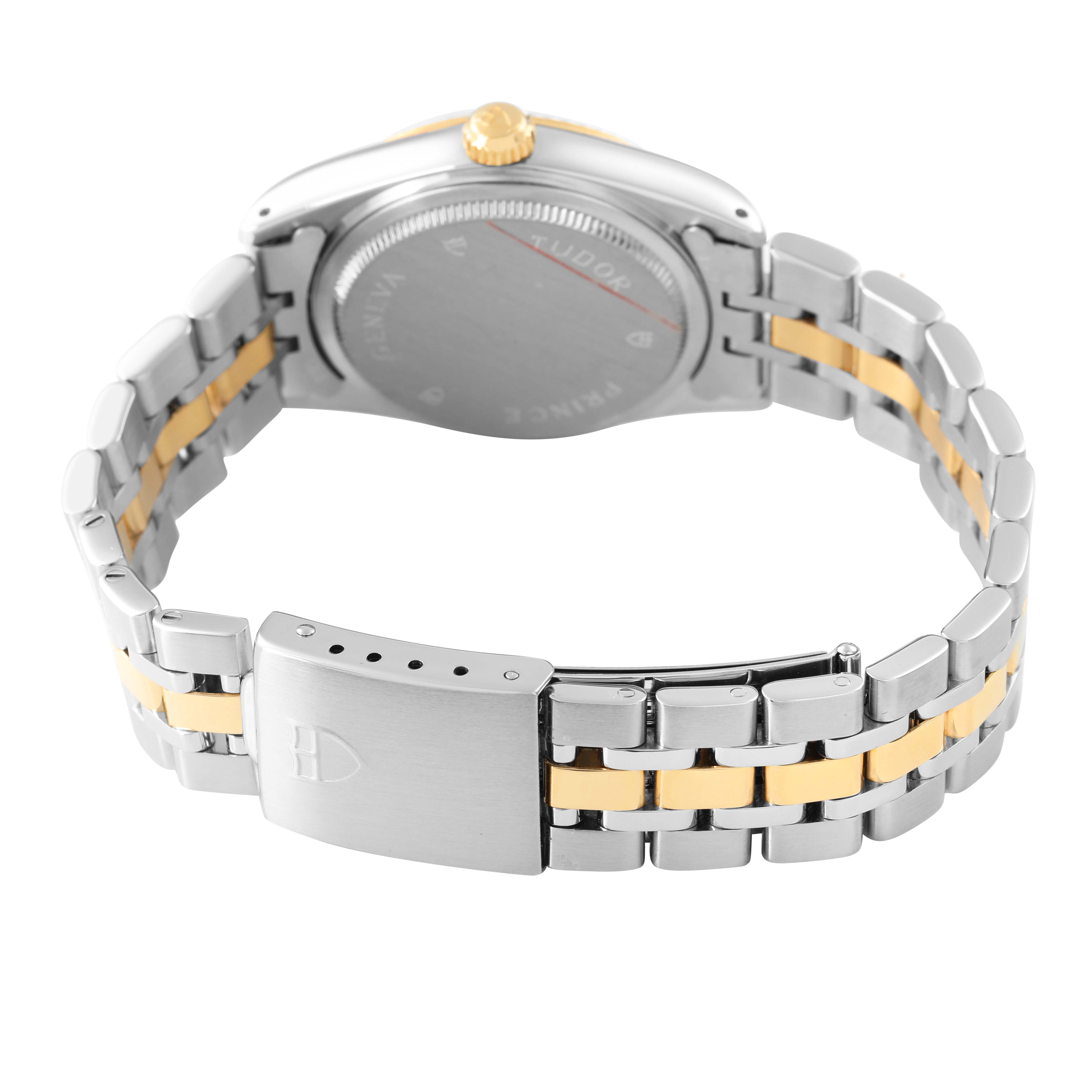 The image shows the Tudor Prince 72033 Men's Steel and Gold (two tone) Blue Dial watch from the back, highlighting the clasp, crown, and part of the bracelet with a two-tone design.