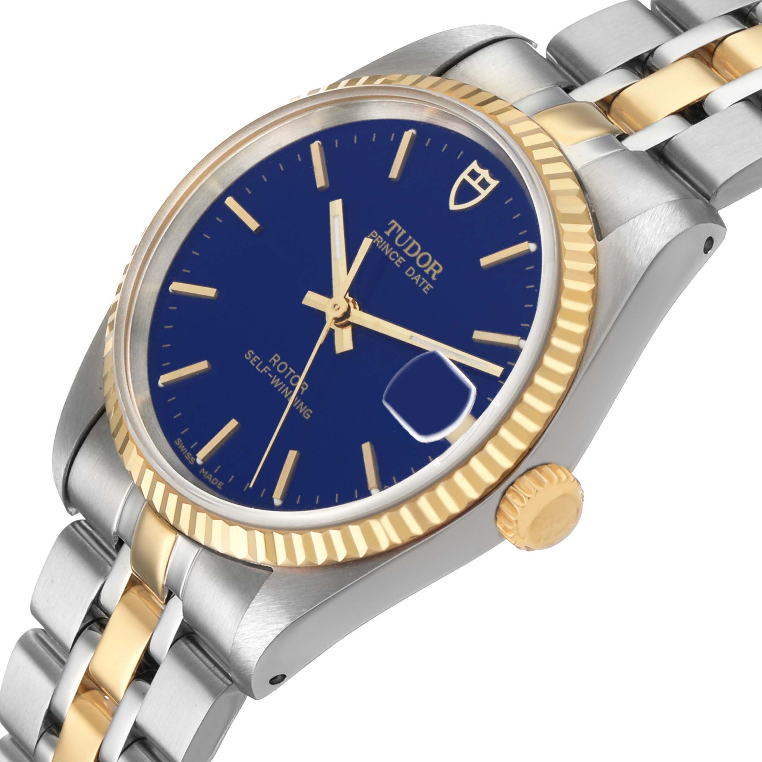 The Tudor Prince 72033 Men's Steel and Gold (two tone) Blue Dial watch is shown at an angle highlighting the blue dial, gold bezel, and two-tone bracelet.