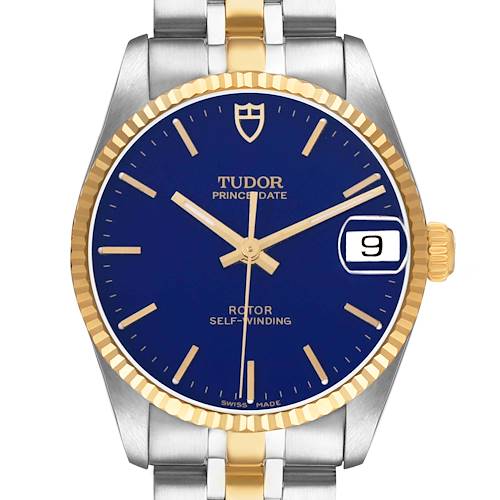 The Tudor Prince 72033 Men's Steel and Gold (two tone) Blue Dial watch is shown from the front, displaying its blue dial, gold bezel, and two-tone bracelet.