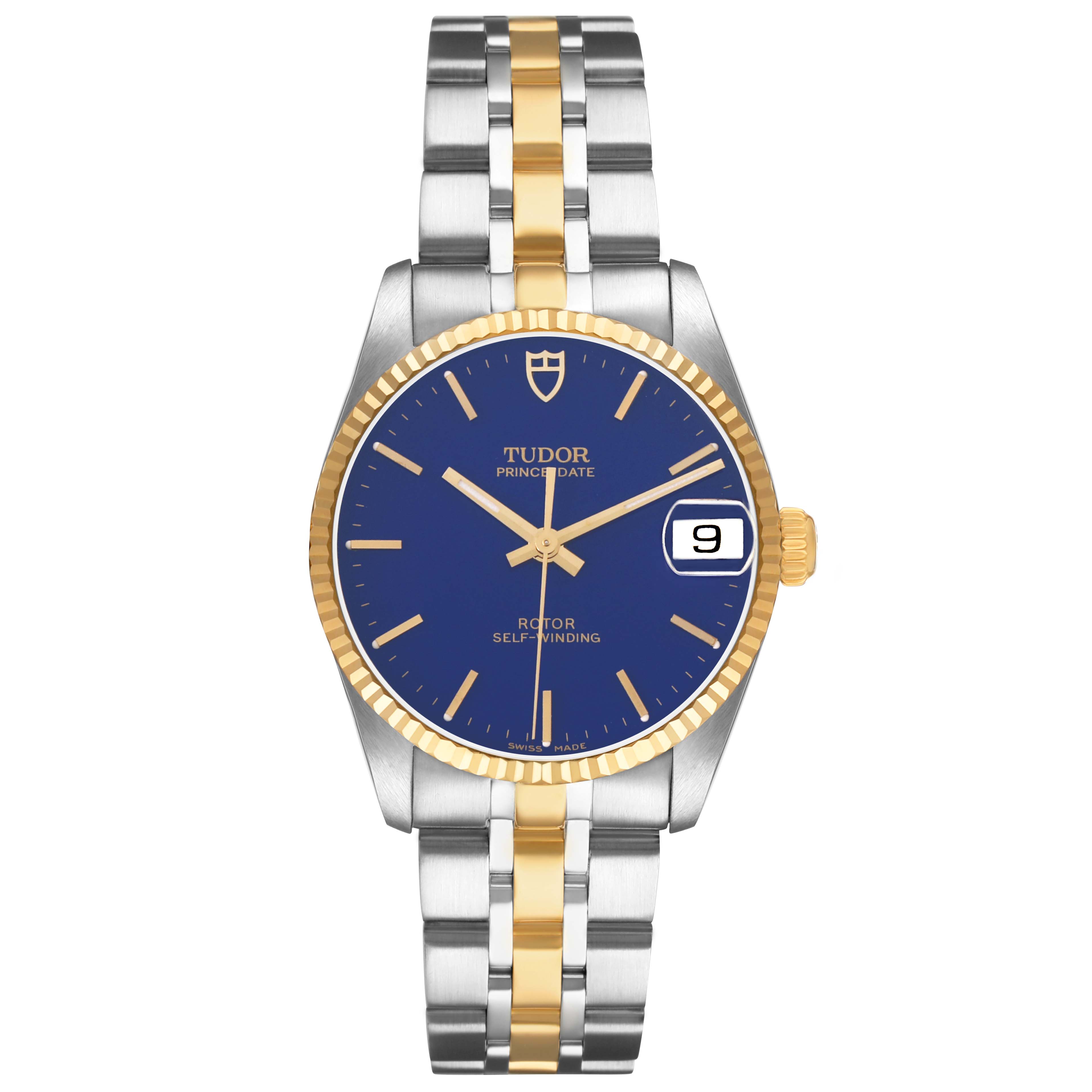 The Tudor Prince 72033 Men's Steel and Gold (two tone) Blue Dial watch is shown from the front, featuring a blue dial, date display, and two-tone metal bracelet.