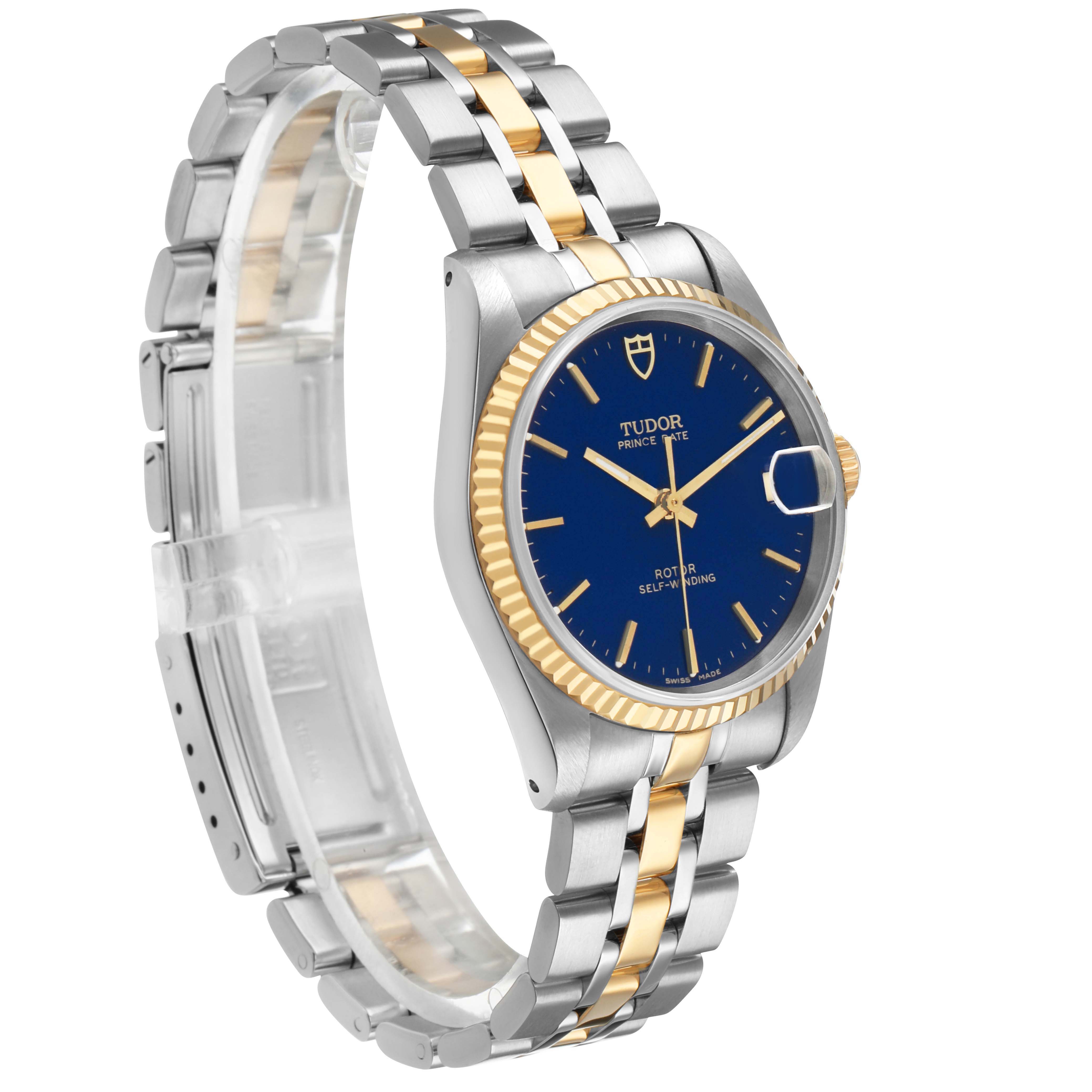 The Tudor Prince 72033 Men's Steel and Gold (two tone) Blue Dial watch is shown at a three-quarter angle, highlighting the dial, bezel, and bracelet.