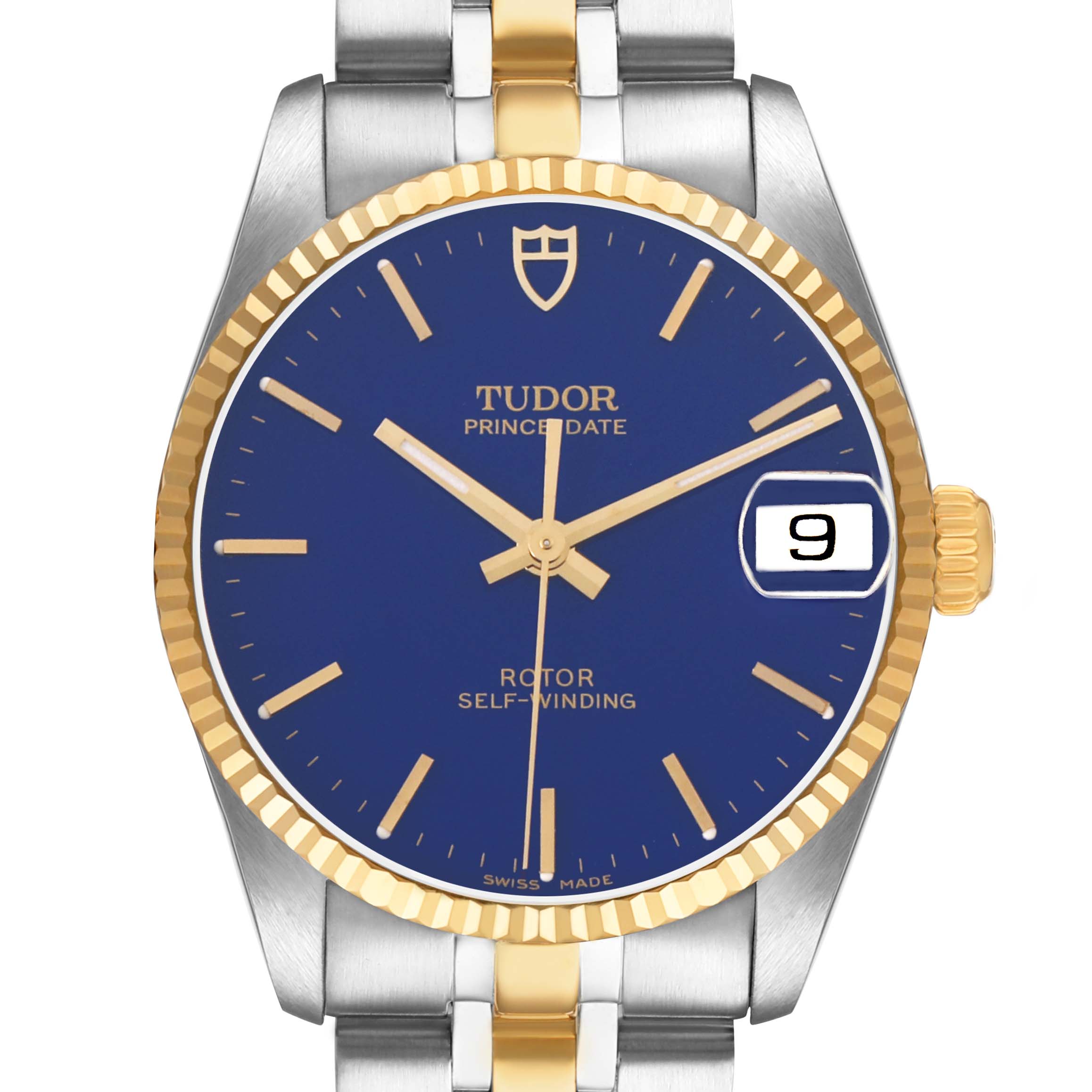 The Tudor Prince 72033 Men's Steel and Gold (two tone) Blue Dial watch is shown from the front, highlighting the blue dial, gold accents, date, and bracelet.