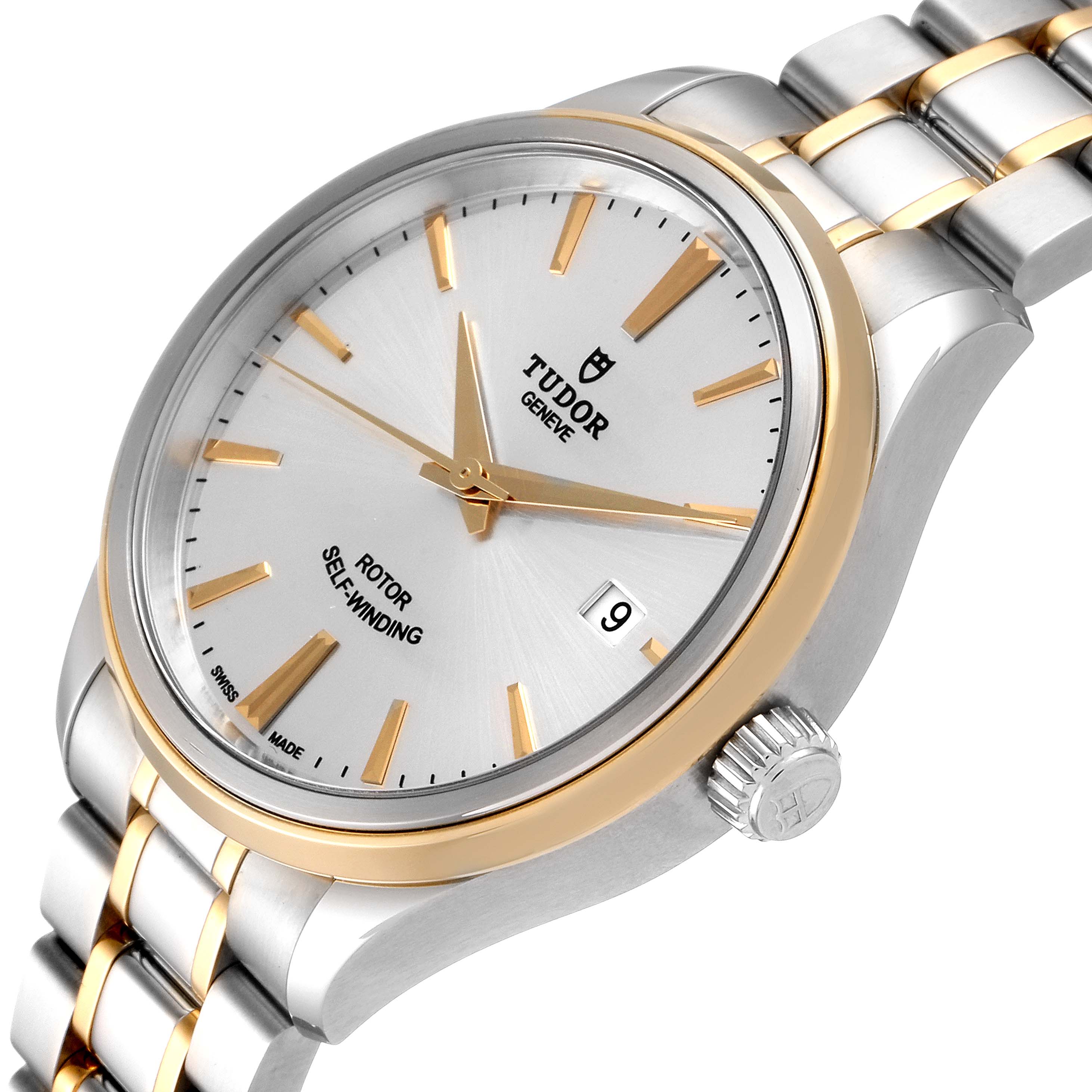 The Tudor Style M12713-0003 Men's Steel and Gold (two tone) Silver Dial M12713-0003 Men's Steel and Gold (two tone) Silver Dial model watch is shown from an oblique angle displaying its dial, bezel, crown, and part of the bracelet.