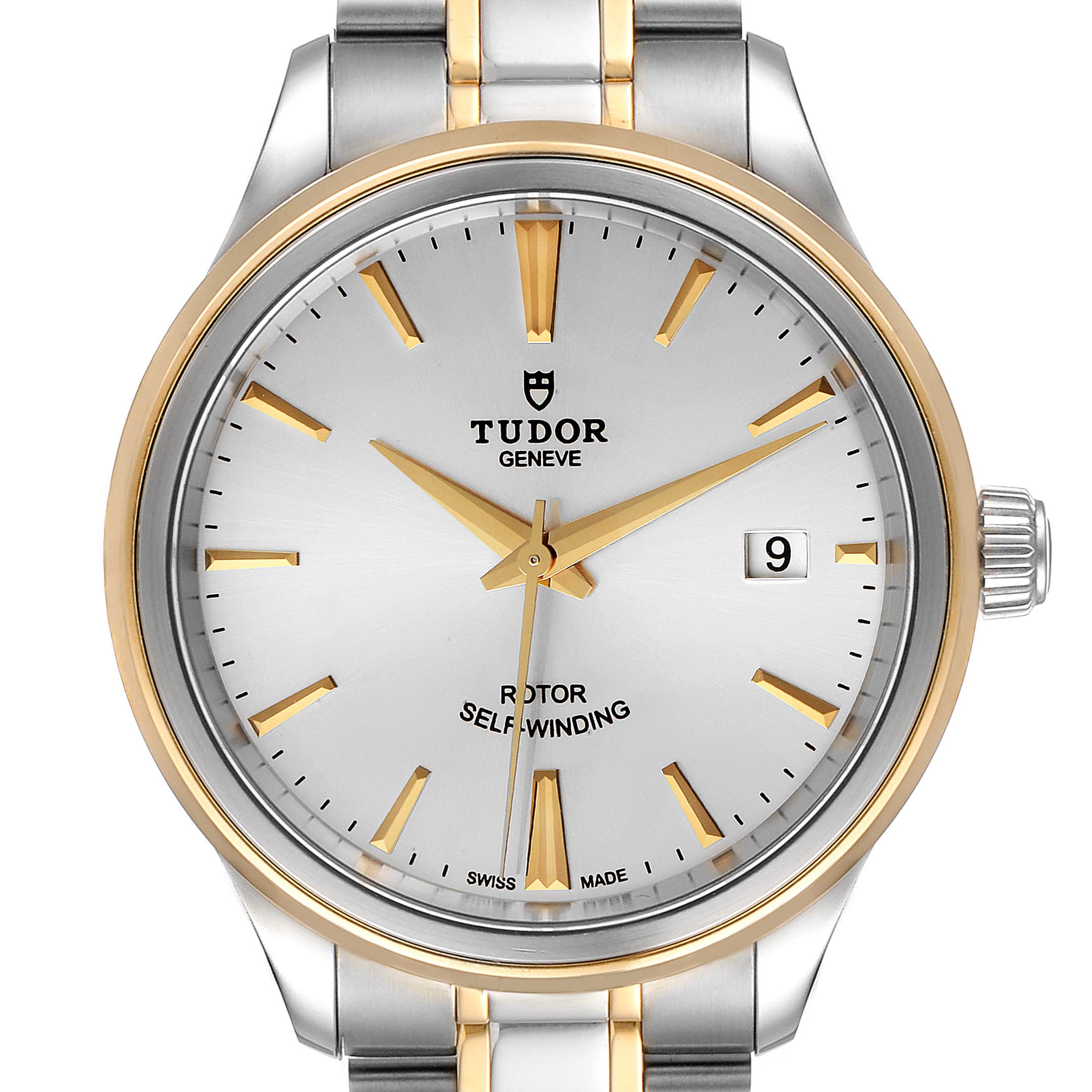 The image shows a front view of a Tudor Style M12713-0003 Men's Steel and Gold (two tone) Silver Dial M12713-0003 Men's Steel and Gold (two tone) Silver Dial model watch, highlighting its dial, hands, date display, and stainless steel bracelet.