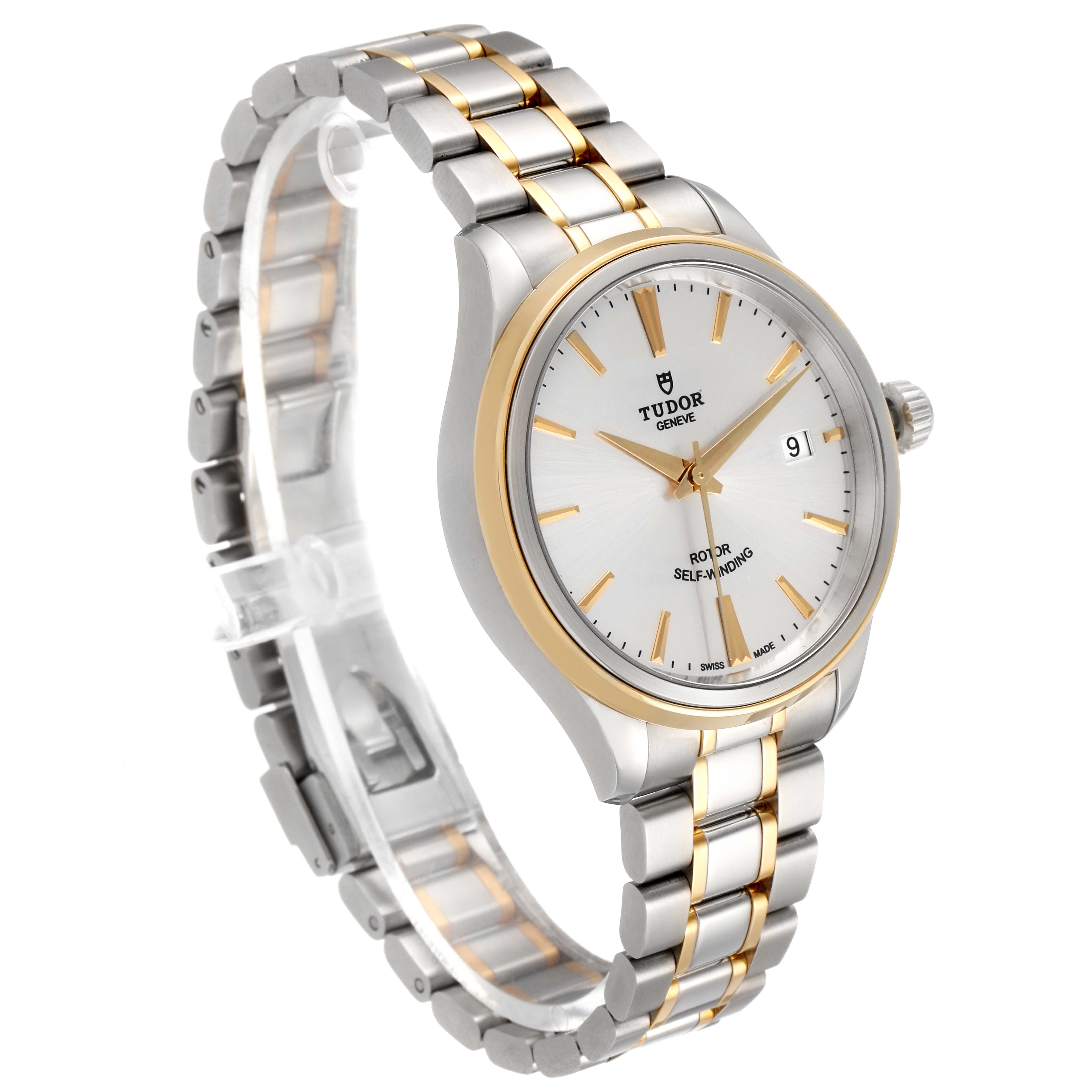 The Tudor Style M12713-0003 Men's Steel and Gold (two tone) Silver Dial M12713-0003 Men's Steel and Gold (two tone) Silver Dial model watch is shown at an angled view, featuring a silver and gold-tone bracelet and a round white face.