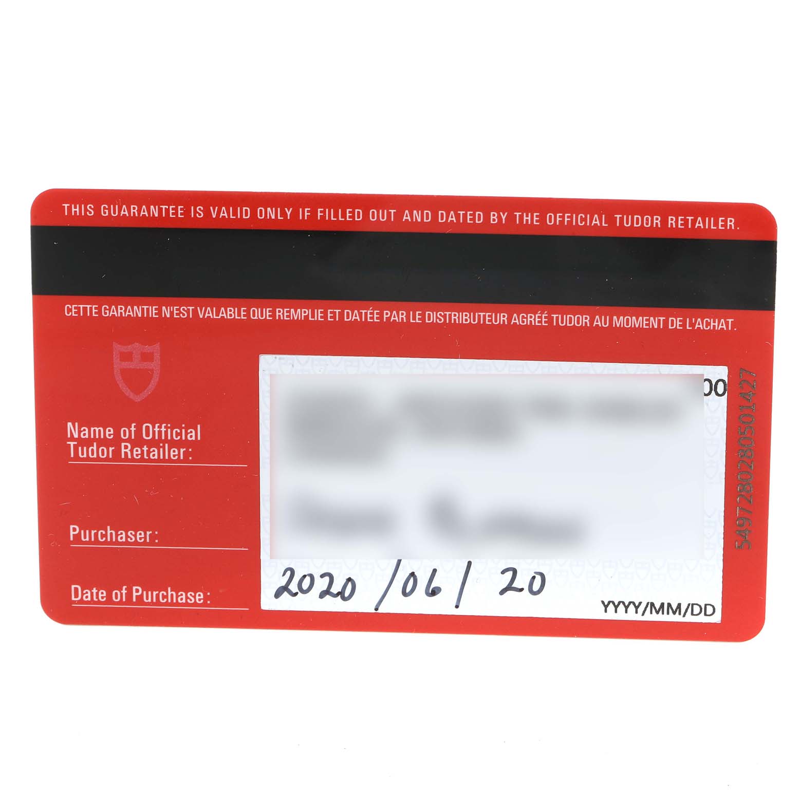 This image shows the guarantee card for the Tudor Style M12713-0003 Men's Steel and Gold (two tone) Silver Dial M12713-0003 Men's Steel and Gold (two tone) Silver Dial watch model, displaying purchase details and retailer information.