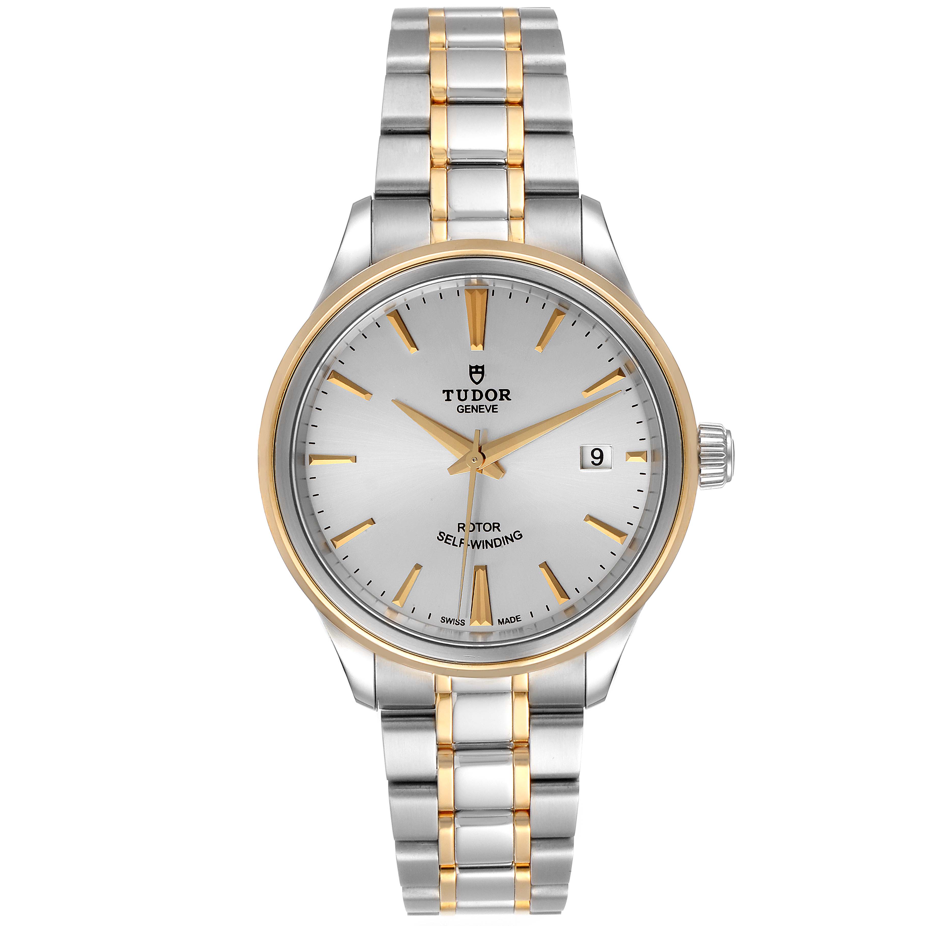 The image shows a front view of the Tudor Style M12713-0003 Men's Steel and Gold (two tone) Silver Dial M12713-0003 Men's Steel and Gold (two tone) Silver Dial model, displaying its dial, case, and two-tone metal bracelet.