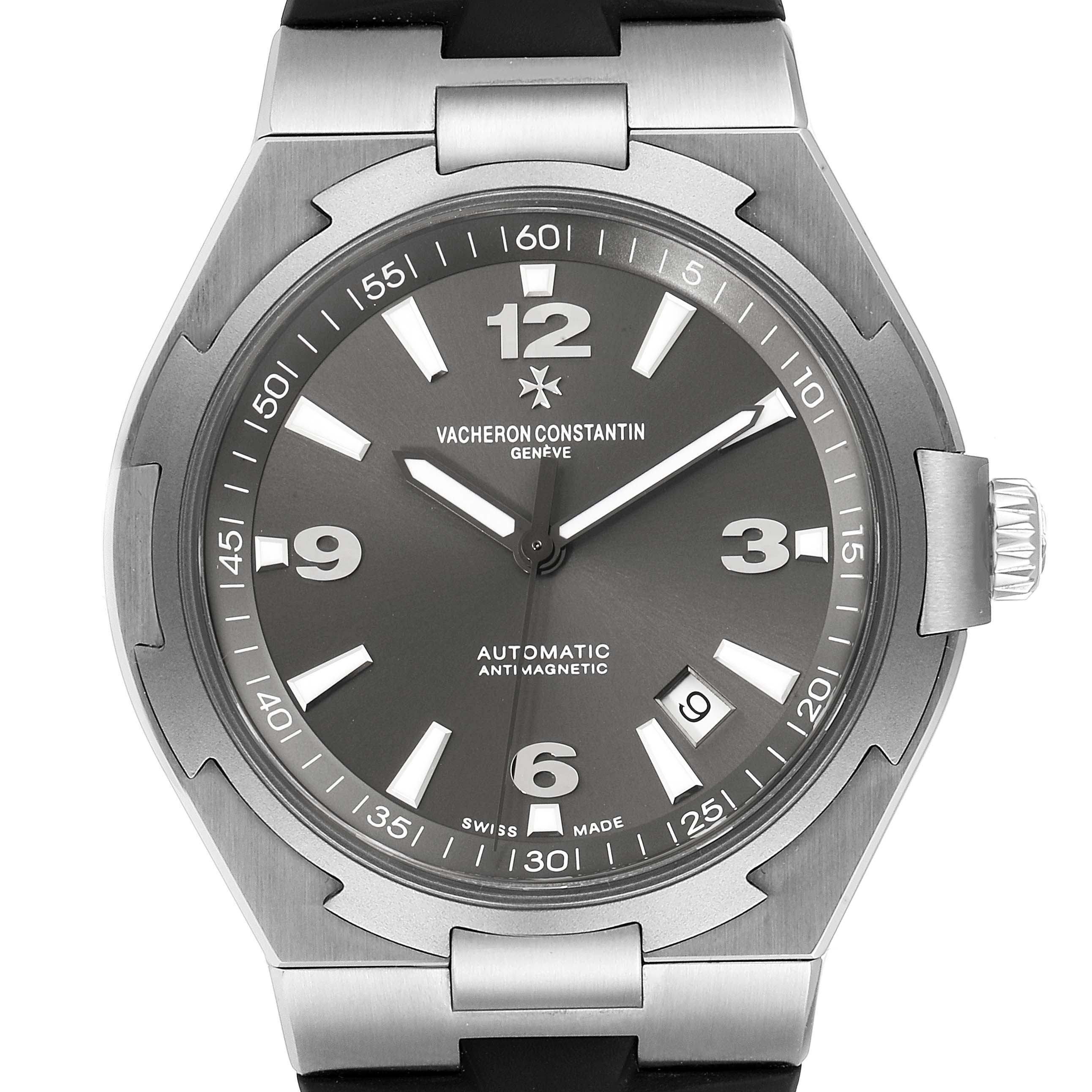 The image shows a front view of the Vacheron Constantin Overseas 47040/000W-9500 Men's Stainless Steel Black Dial 47040/000W-9500 Men's Stainless Steel Black Dial watch, displaying its dial, bezel, and part of the strap.