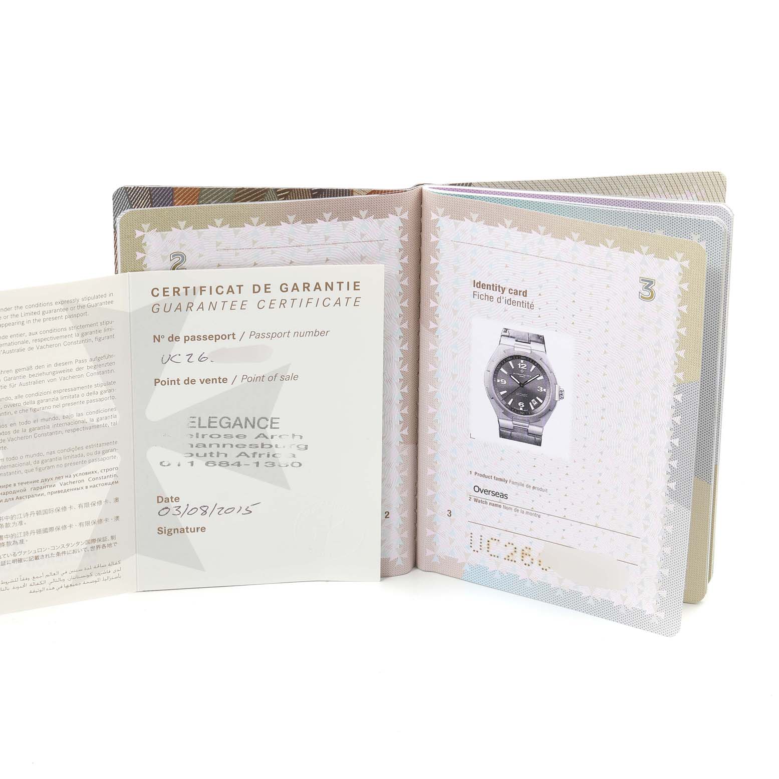 The image shows the guarantee certificate and identity card of the Vacheron Constantin Overseas 47040/000W-9500 Men's Stainless Steel Black Dial 47040/000W-9500 Men's Stainless Steel Black Dial watch.