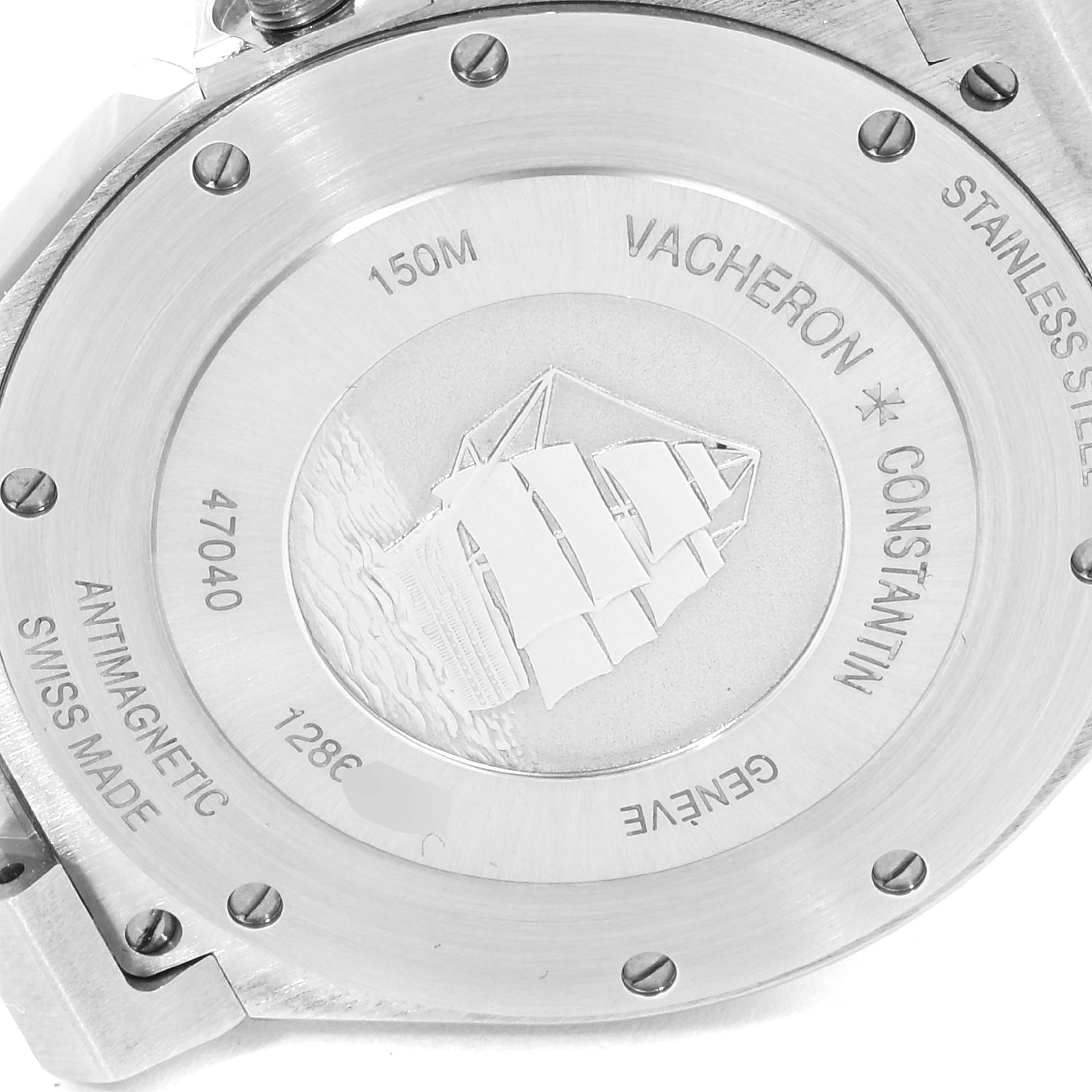 The image shows the reverse side of the Vacheron Constantin Overseas 47040/000W-9500 Men's Stainless Steel Black Dial 47040/000W-9500 Men's Stainless Steel Black Dial watch, highlighting the engraved case back.