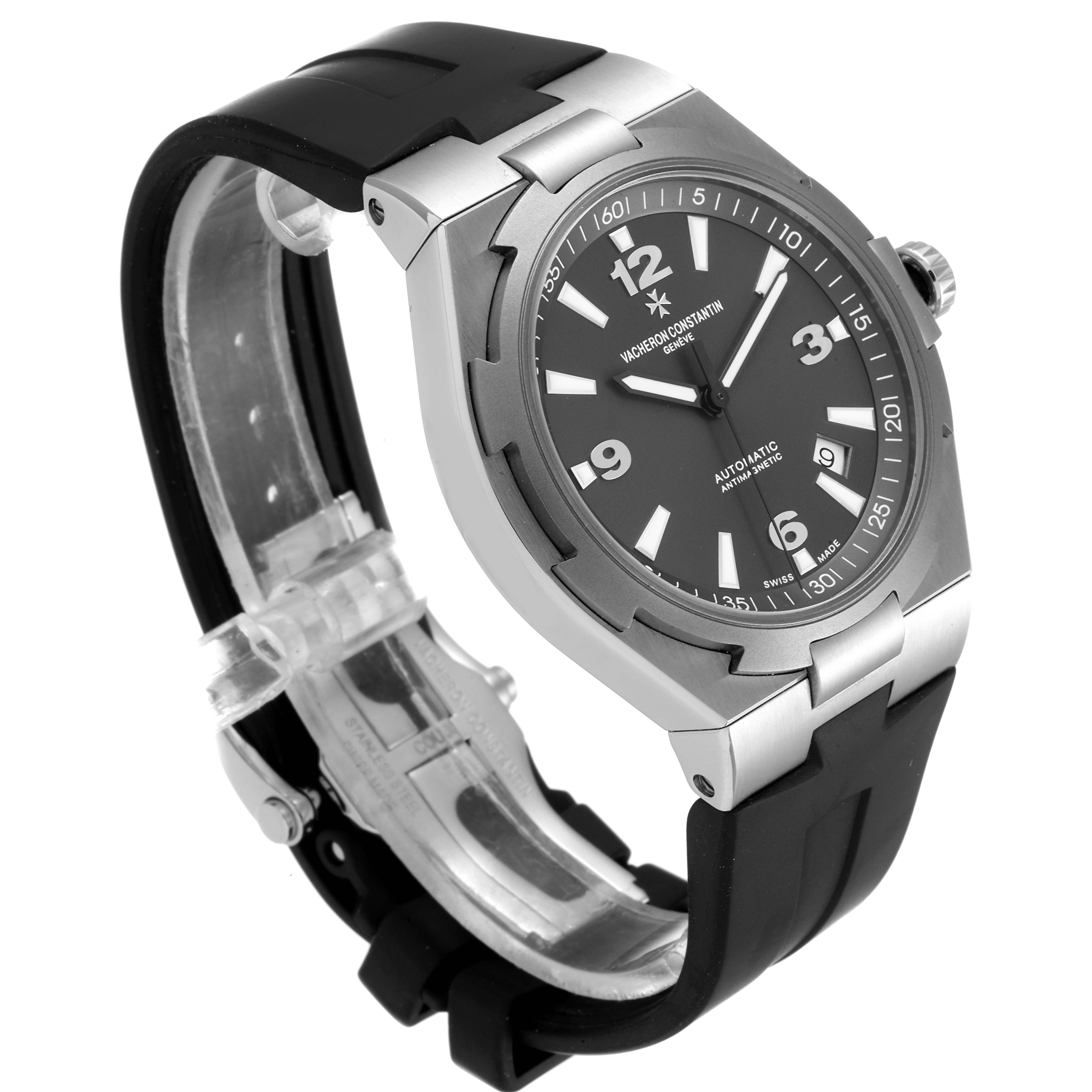 This image shows a Vacheron Constantin Overseas 47040/000W-9500 Men's Stainless Steel Black Dial 47040/000W-9500 Men's Stainless Steel Black Dial model watch at an angled side view, featuring the dial, bezel, strap, and crown.