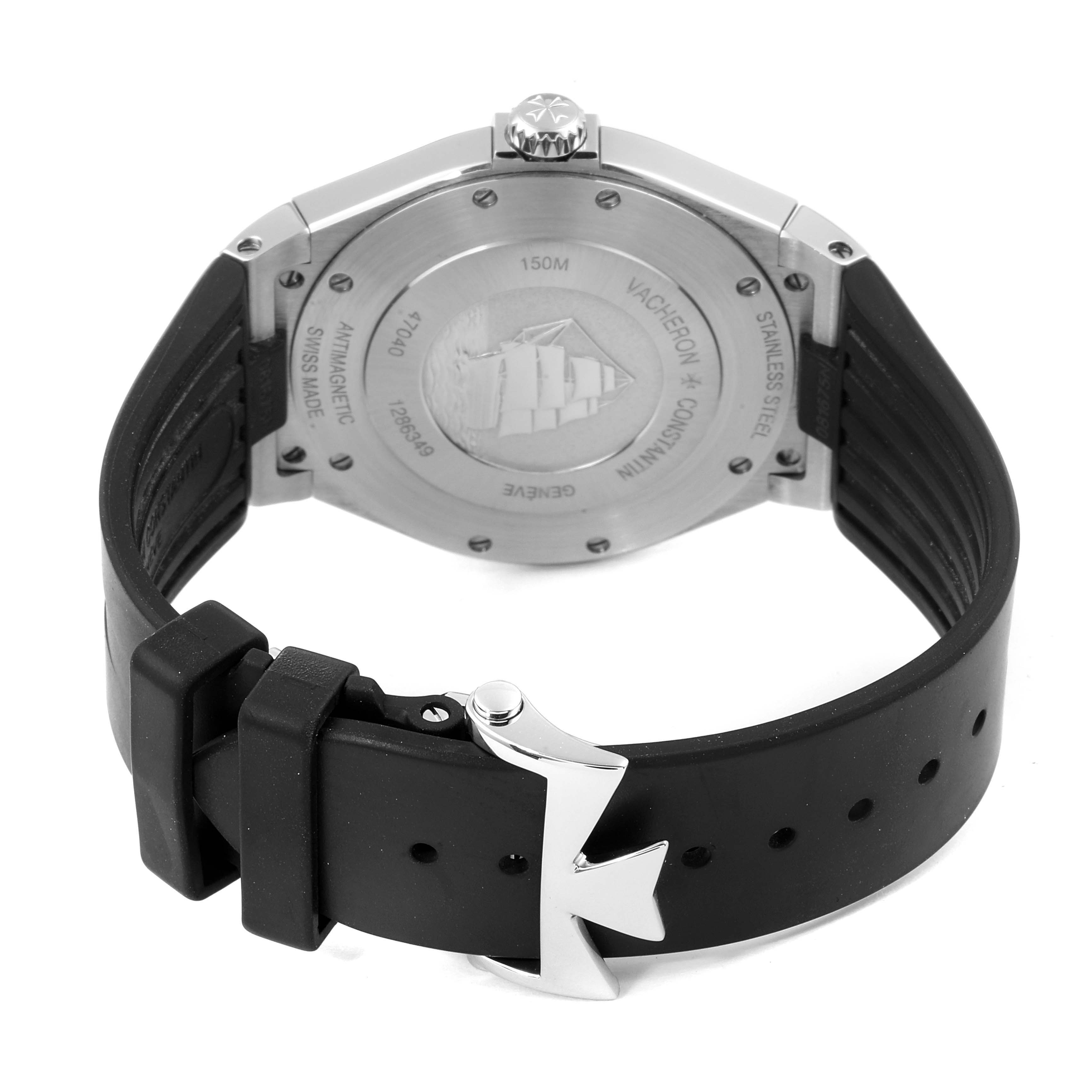 The image shows the back case, strap, and clasp of a Vacheron Constantin Overseas 47040/000W-9500 Men's Stainless Steel Black Dial 47040/000W-9500 Men's Stainless Steel Black Dial watch.