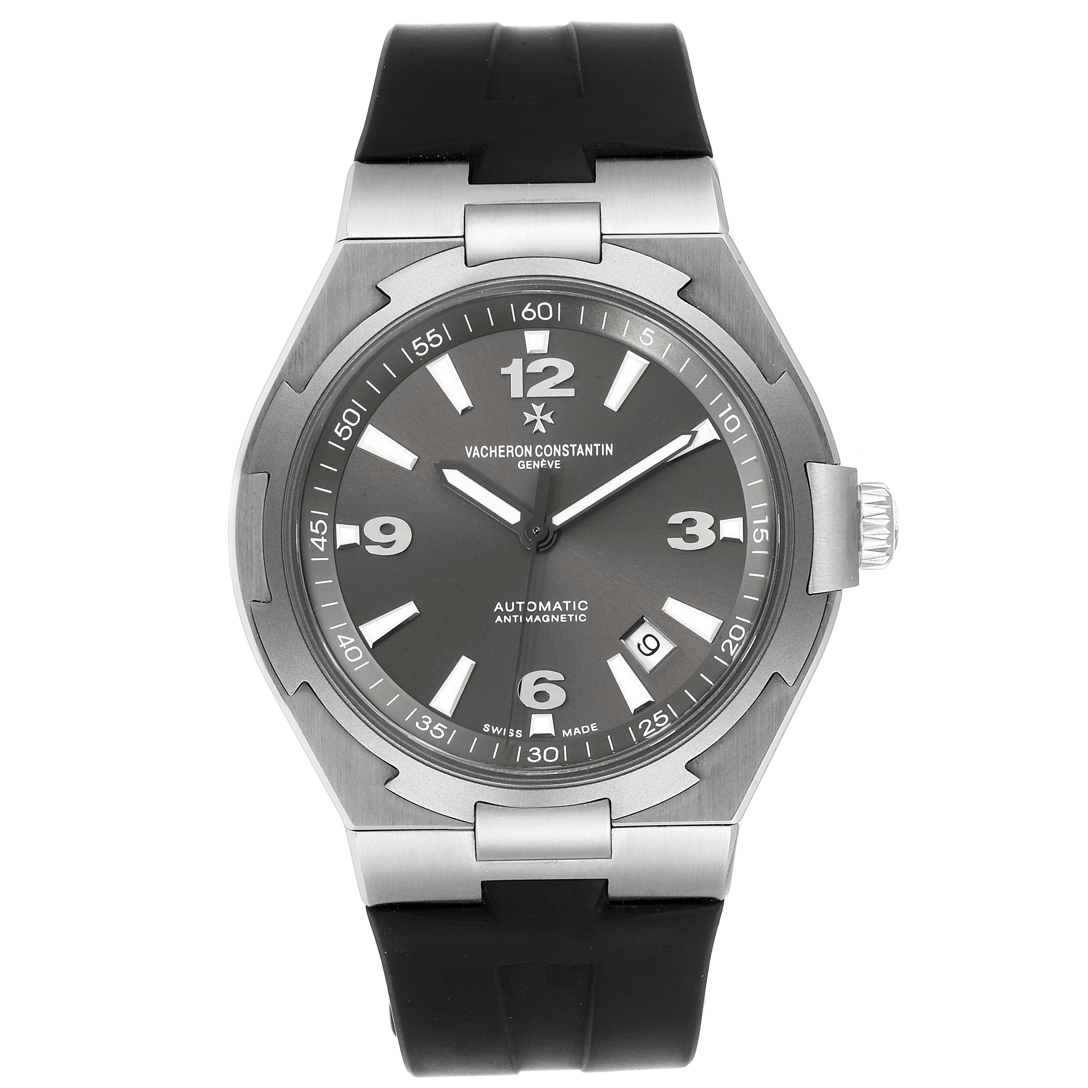 This image shows a frontal view of a Vacheron Constantin Overseas 47040/000W-9500 Men's Stainless Steel Black Dial 47040/000W-9500 Men's Stainless Steel Black Dial watch, highlighting its face, bezel, and strap.