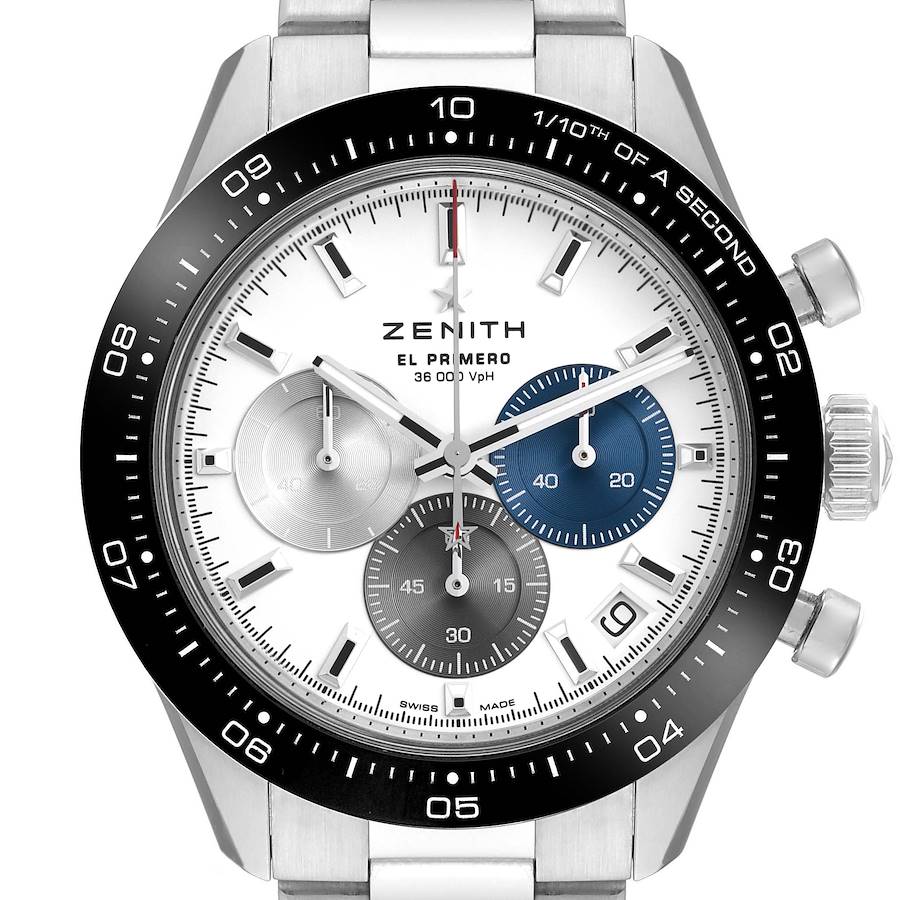 The image shows a front view of the Zenith Chronomaster, highlighting its dial, subdials, bezel, and pushers.